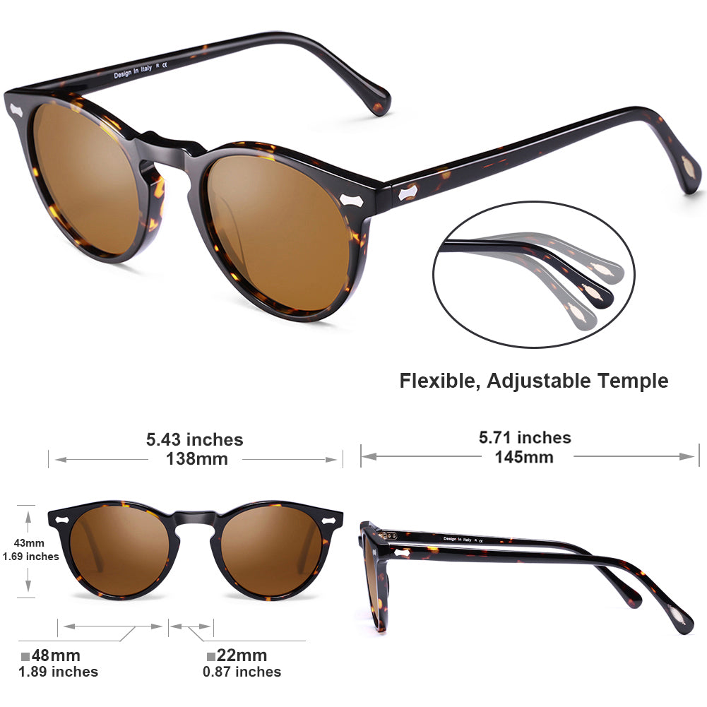 Carfia Chicago-C03-RX Tortoise Acetate Round Polarized Prescription Sunglasses for Women, Size Chart: 48mm lens width, 22mm bridge, 145mm temple, flexible adjustable temple