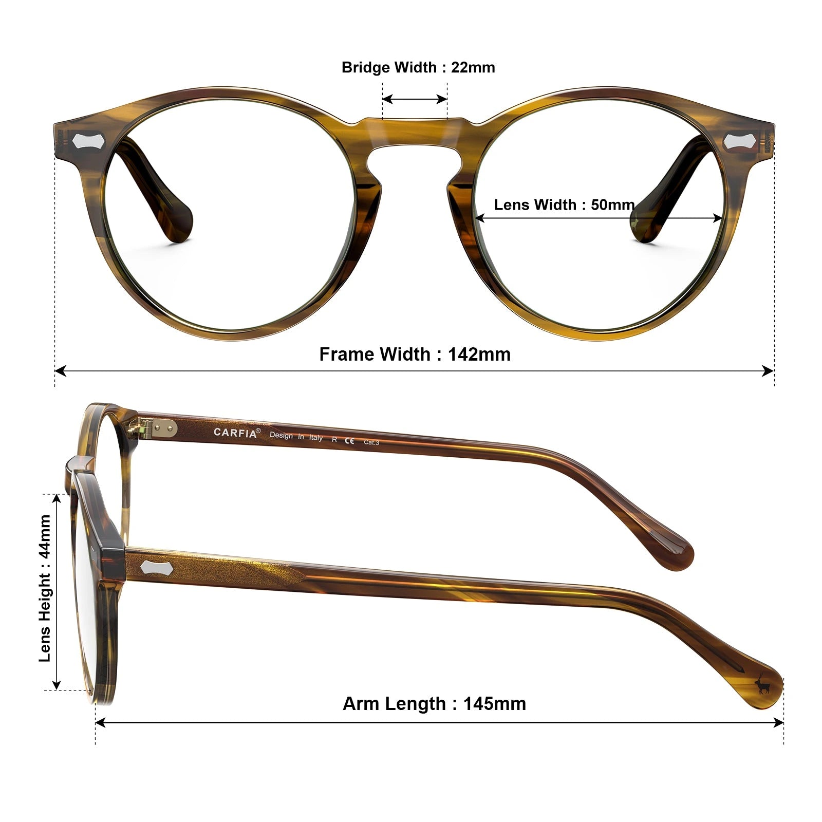 Carfia Concord CA5288-FL09 Gold Acetate Round Prescription Glasses Eyeglasses for Men, Measurements View