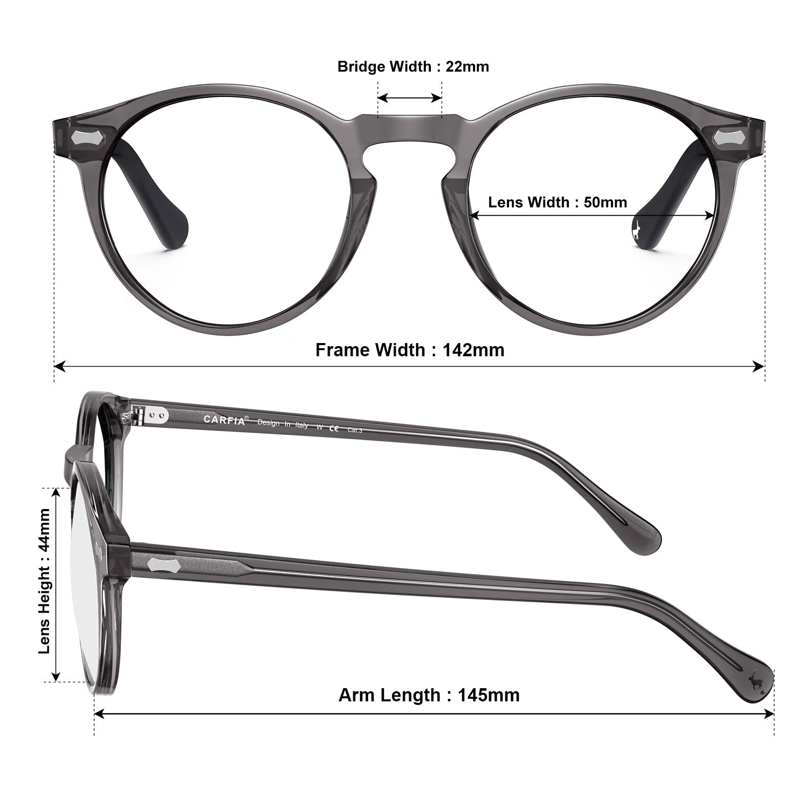 Carfia Concord CA5288FL18 Grey Acetate Round Prescription Glasses Eyeglasses for Men, Measurements View