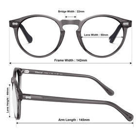 Carfia Concord CA5288FL18 Grey Acetate Round Prescription Glasses Eyeglasses for Men, Measurements View