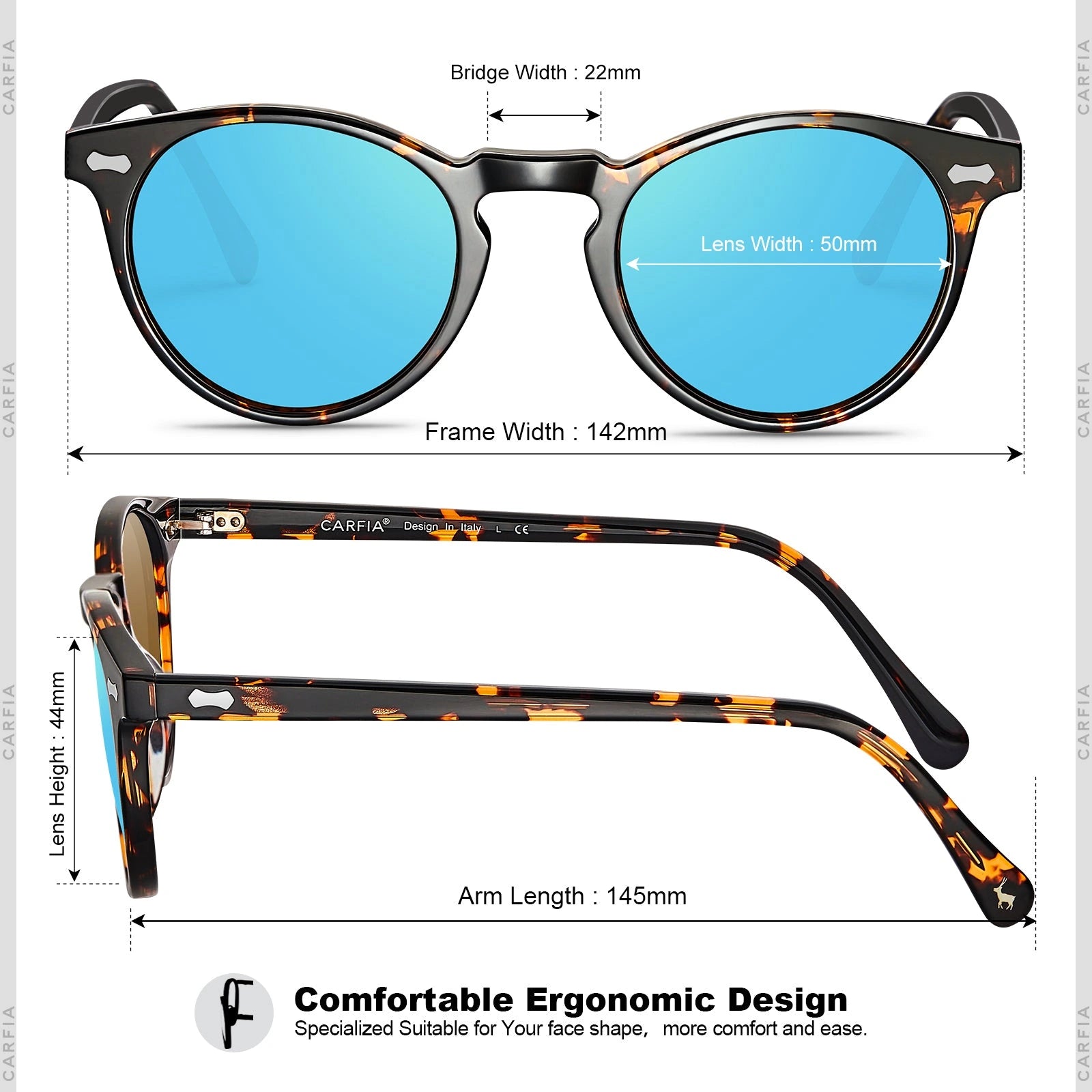Carfia Concord CA5288-L05 Tortoise Acetate Round Polarized Prescription Sunglasses for Men, Measurements View