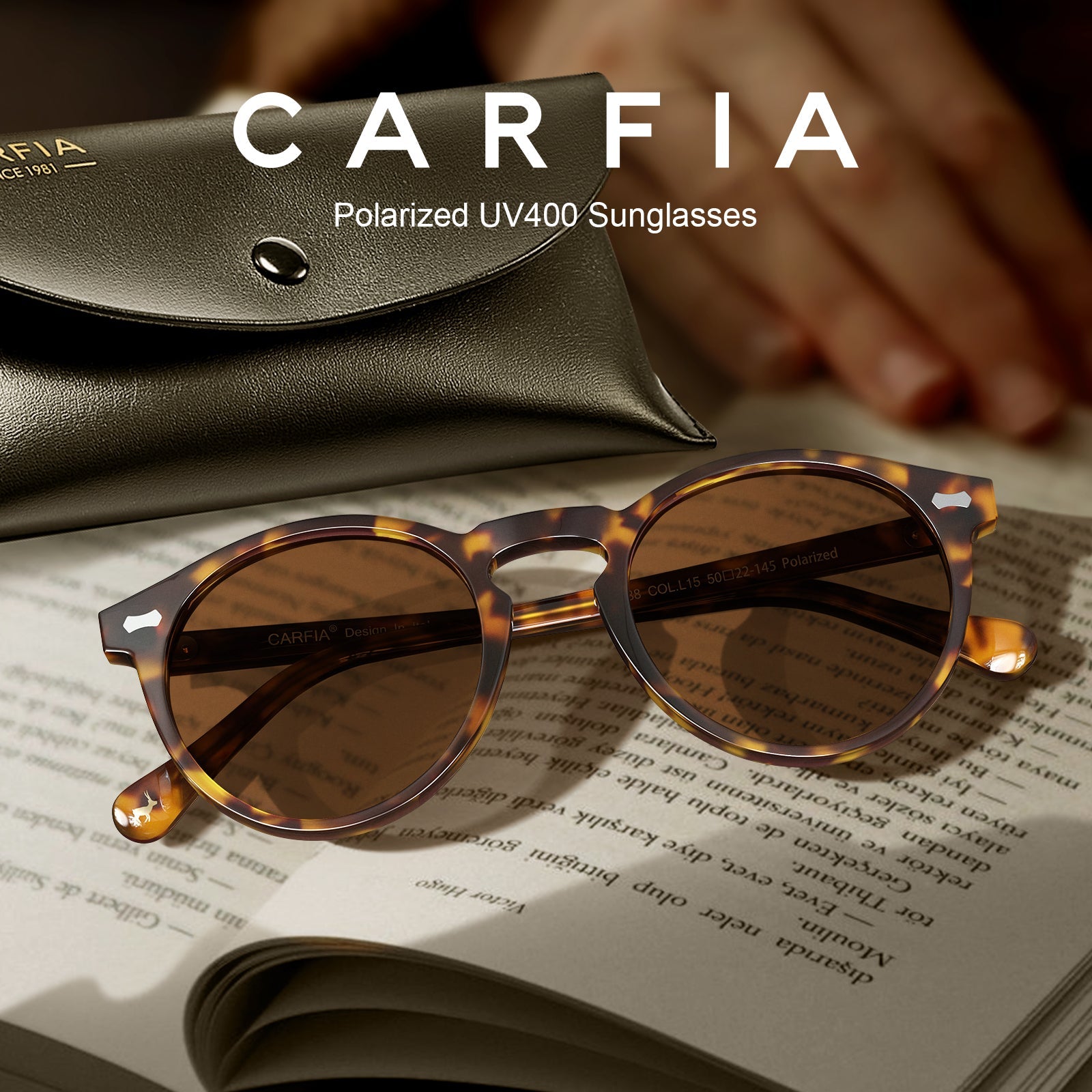 Carfia Concord-L15 Tortoise Acetate Round Polarized Sunglasses for Men, Case