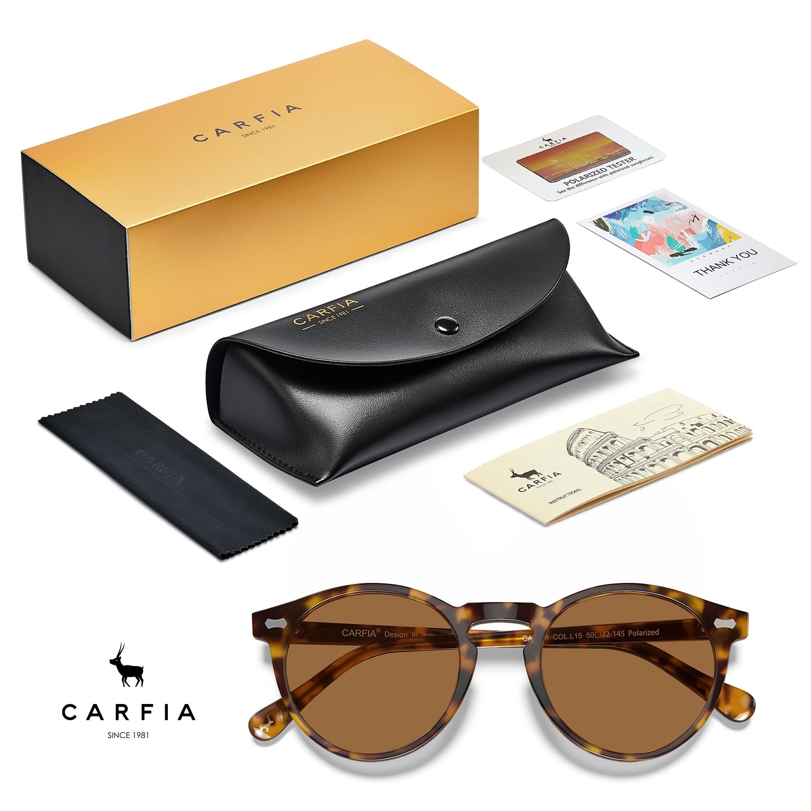 Carfia Concord-L15 Tortoise Acetate Round Polarized Sunglasses for Men, Packaging: includes gift box, hard case, cleaning cloth, polarized tester, thank you card and instruction booklet