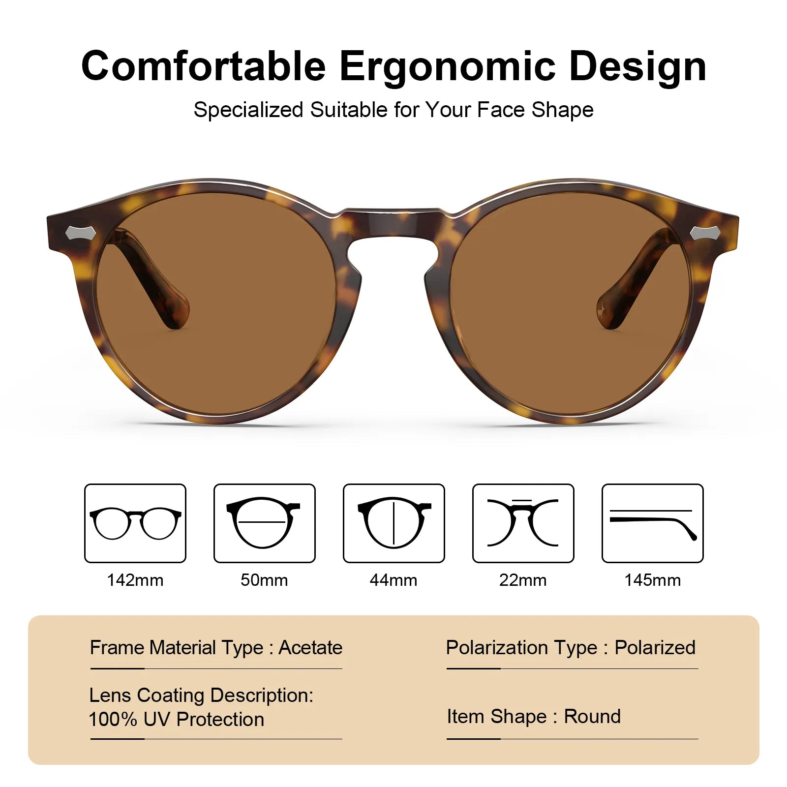 Carfia Concord-L15 Tortoise Acetate Round Polarized Sunglasses for Men, Size Chart: 142mm frame width, 50mm lens width, 44mm lens height, 22mm bridge, 145mm temple, 100% UV protection