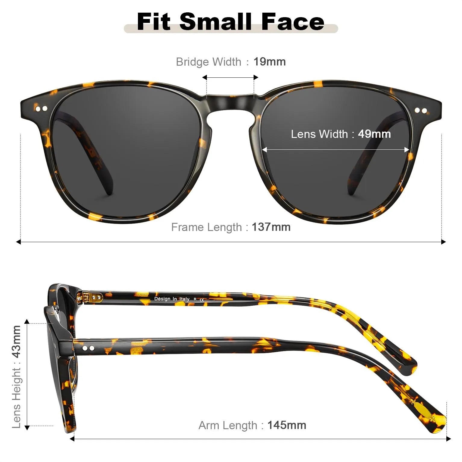 Carfia Creston CA5285-C04 Tortoise Acetate Round Polarized Sunglasses for Women, Size-Chart View