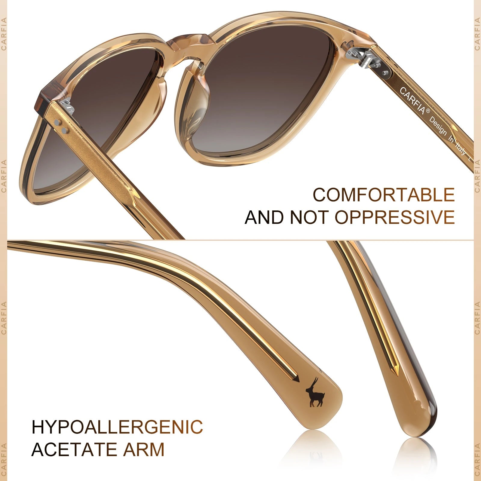 Carfia Downey CA5285-L18 Clear Champagne Acetate Square Polarized Sunglasses for Men, Detail View