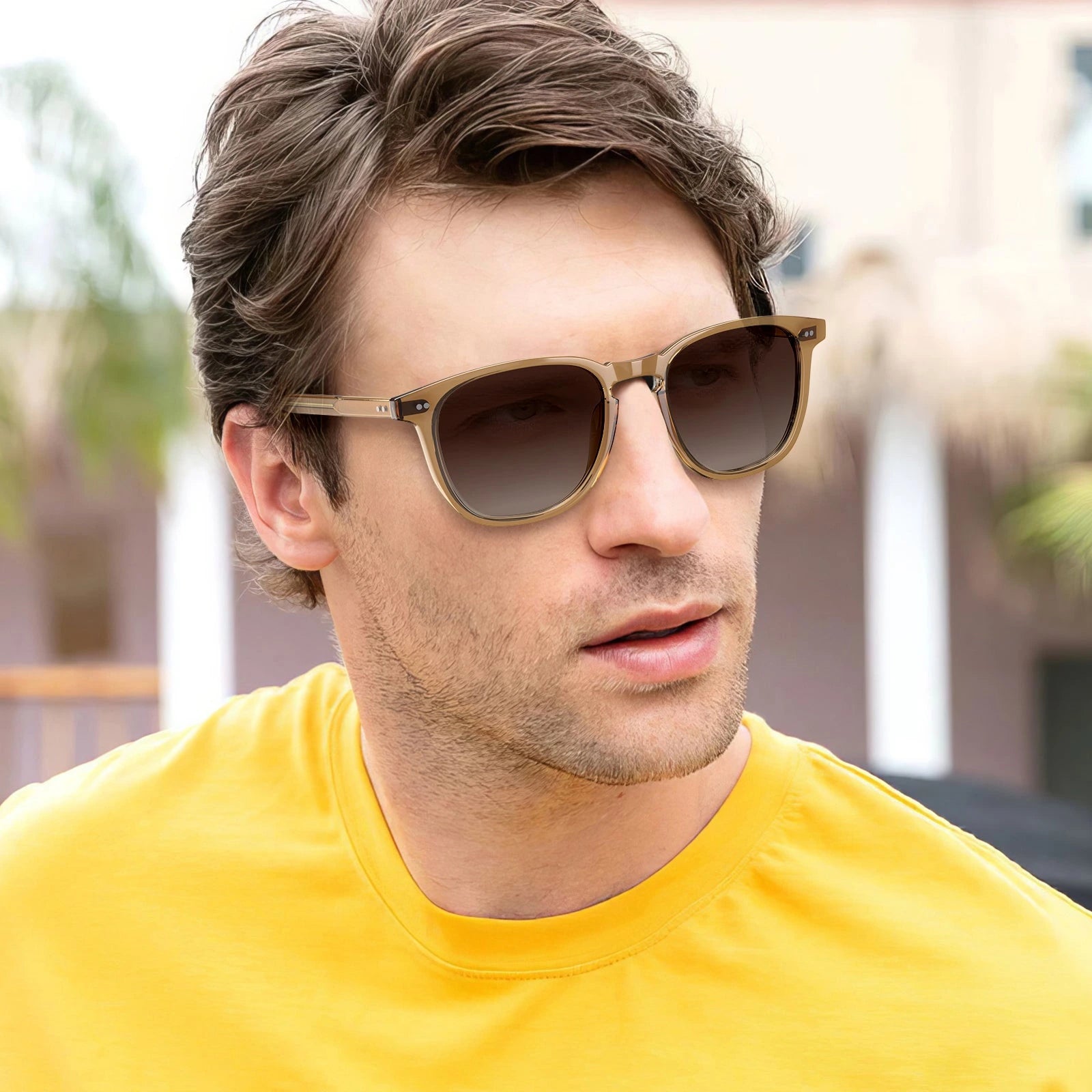 Carfia Downey CA5285-L18 Clear Champagne Acetate Square Polarized Sunglasses for Men, Lifestyle View