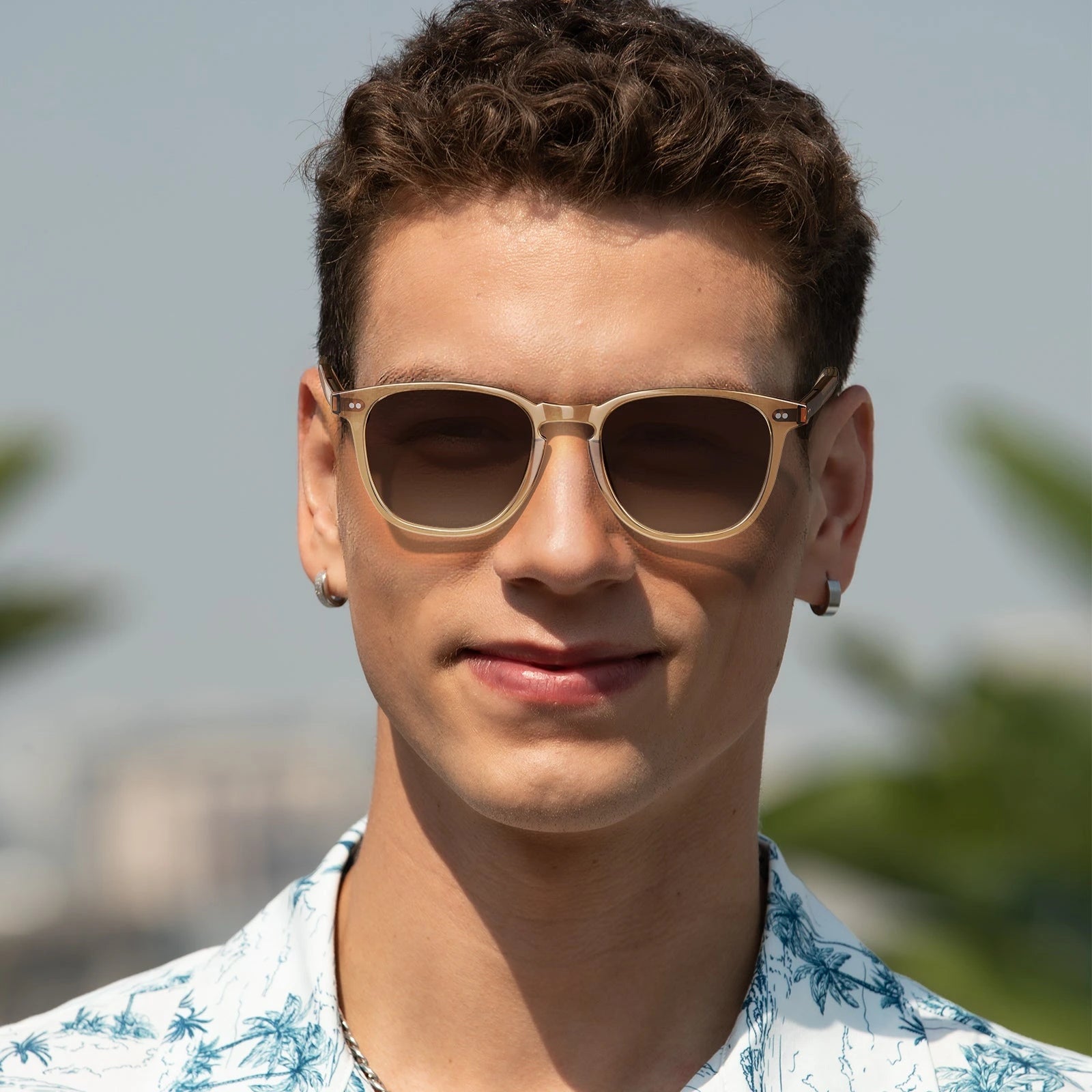 Carfia Downey CA5285-L18 Clear Champagne Acetate Square Polarized Sunglasses for Men, Model View