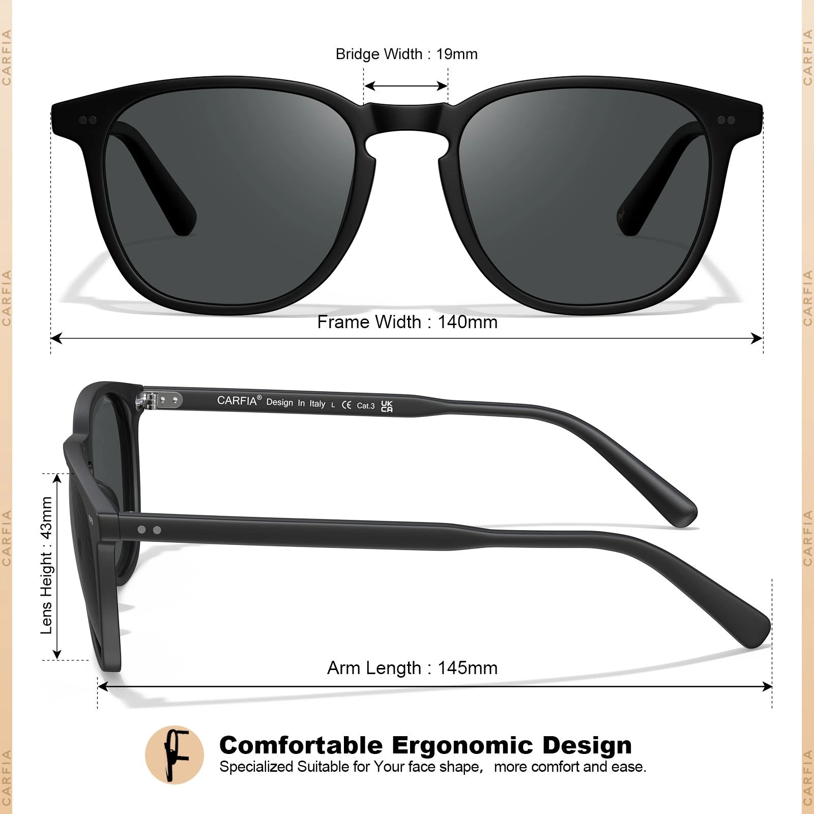 Carfia Downey CA5285-L20 Black Acetate Square Polarized Sunglasses for Unisex, Size-Chart View