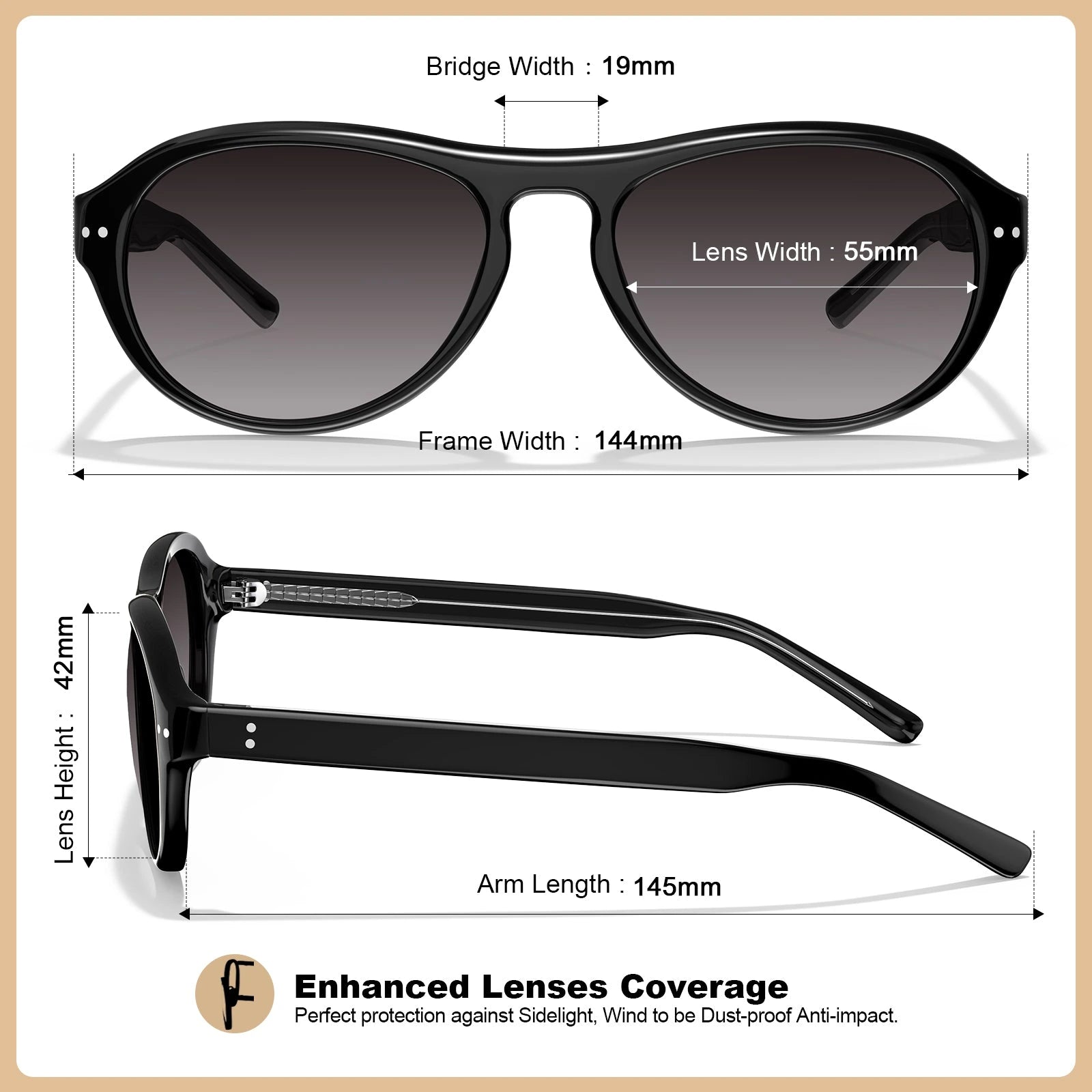 Carfia Drew CA5418-C01 Black Mixed Aviator Grey Polarized Sunglasses for Women, Size-Chart View