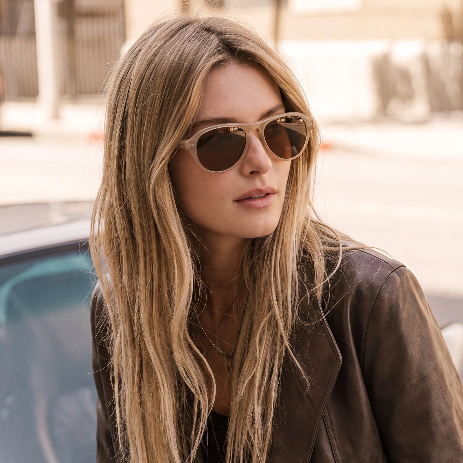 Carfia Drew CA5418-C03 Beige Mixed Aviator Amber Polarized Sunglasses for Women, Model View