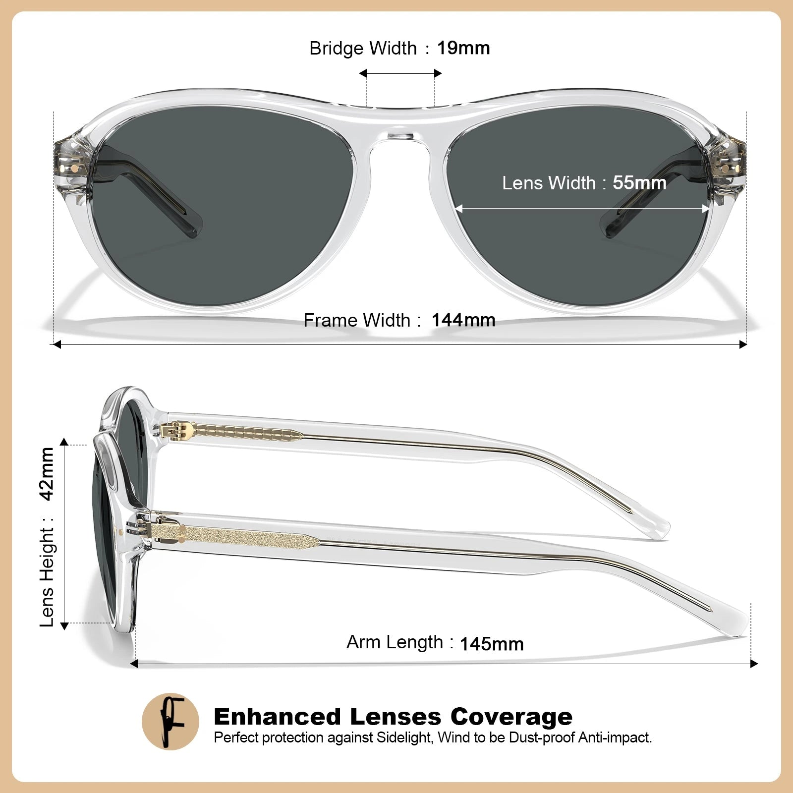 Carfia Drew CA5418-C06 Clear Mixed Aviator Grey Polarized Sunglasses for Women, Size-Chart View