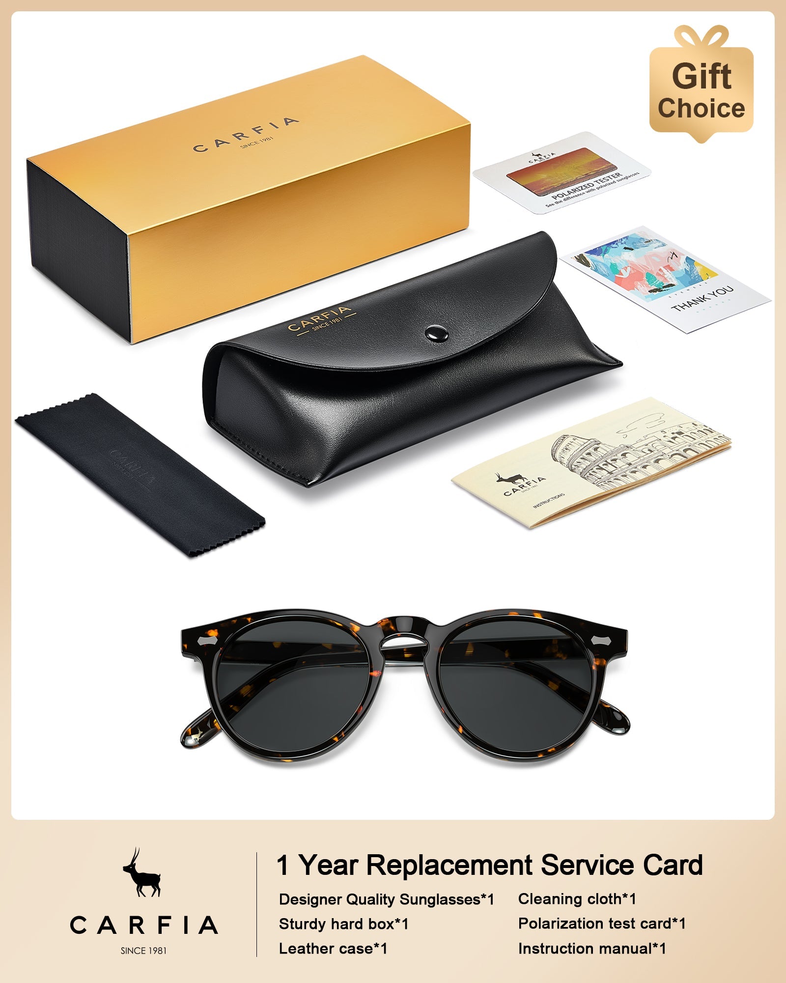 Carfia Dublin CA5506-C14 Tortoise Acetate Round Polarized Sunglasses for Men, Angle View