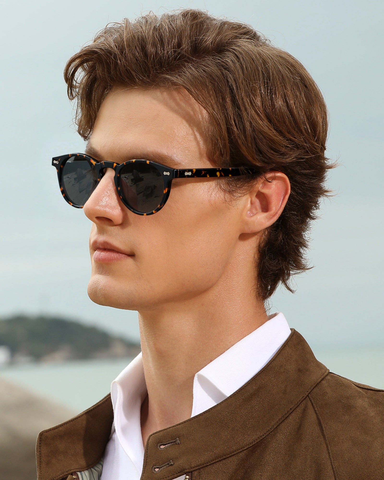 Carfia Dublin CA5506-C14 Tortoise Acetate Round Polarized Sunglasses for Men, Side View
