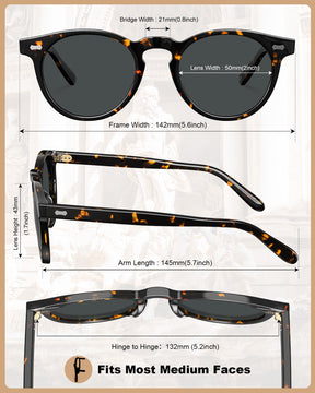 Carfia Dublin CA5506-C14 Tortoise Acetate Round Polarized Sunglasses for Men, Size Chart
