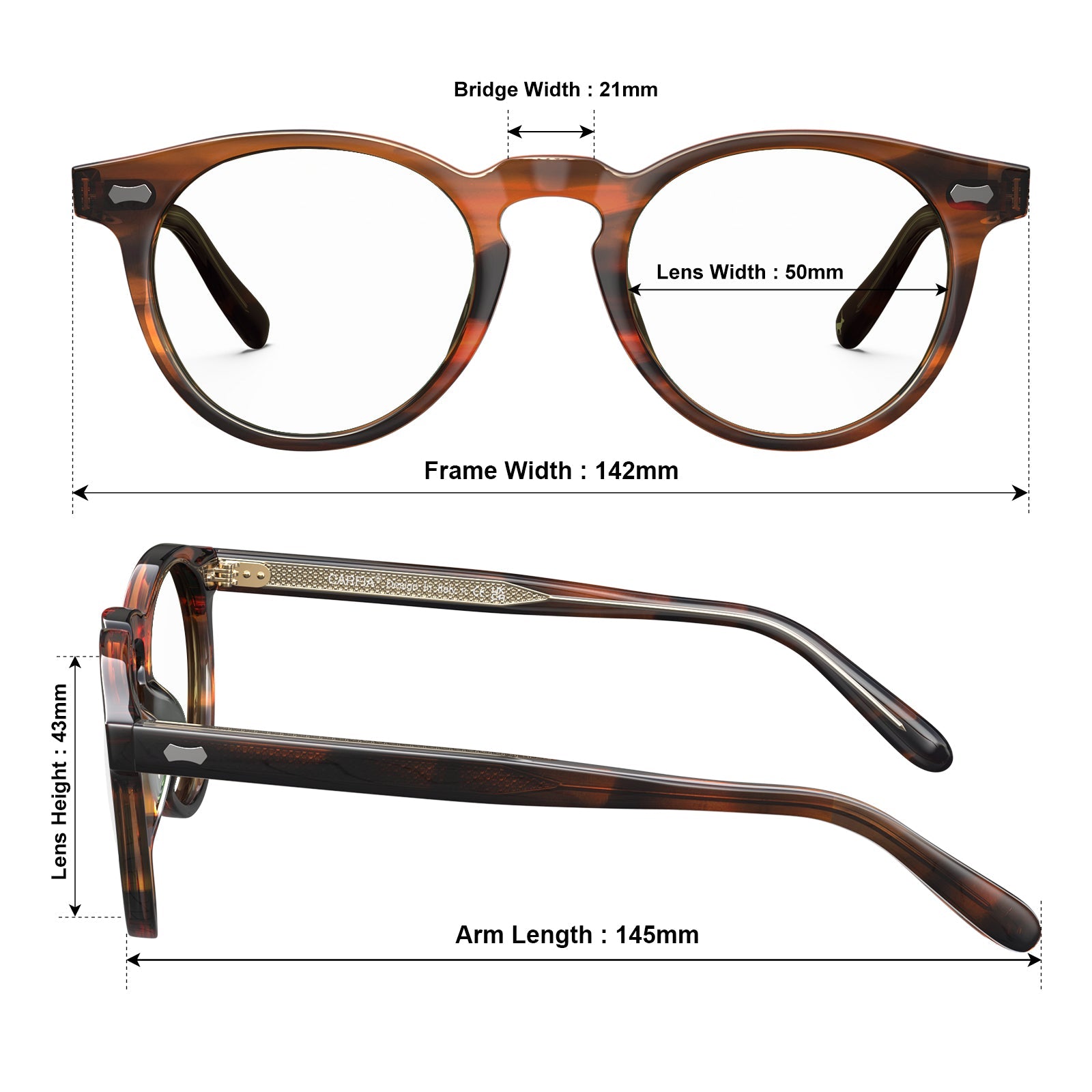Carfia Dublin CA5506-FC02 Tortoise Acetate Round Prescription Glasses Eyeglasses for Unisex, Size Chart