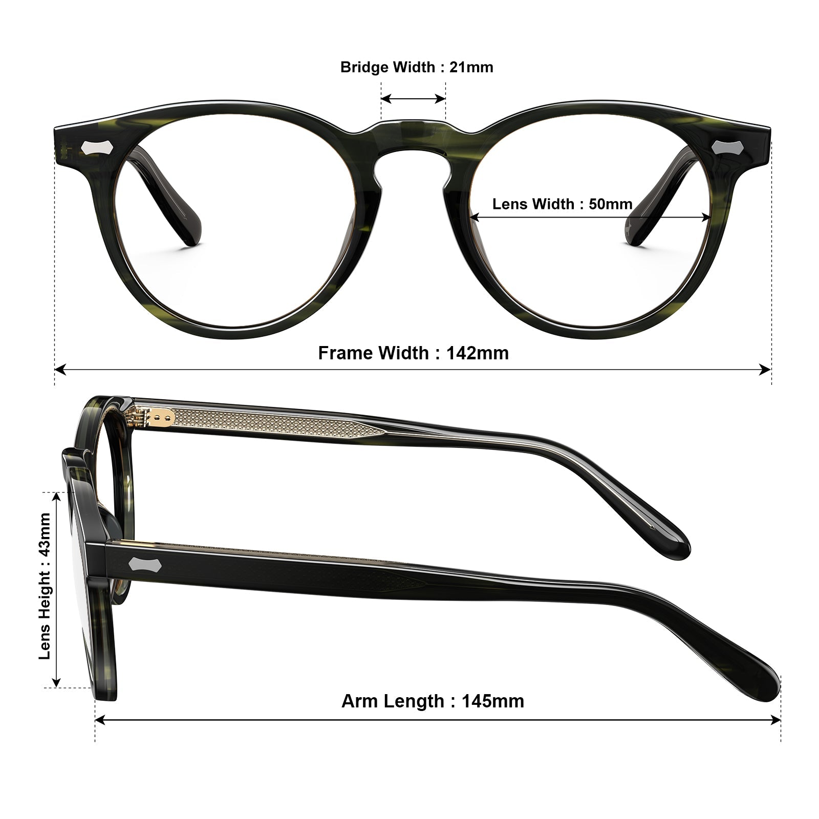 Carfia Dublin CA5506-FC03 Green Acetate Round Prescription Glasses Eyeglasses for Unisex, Size Chart