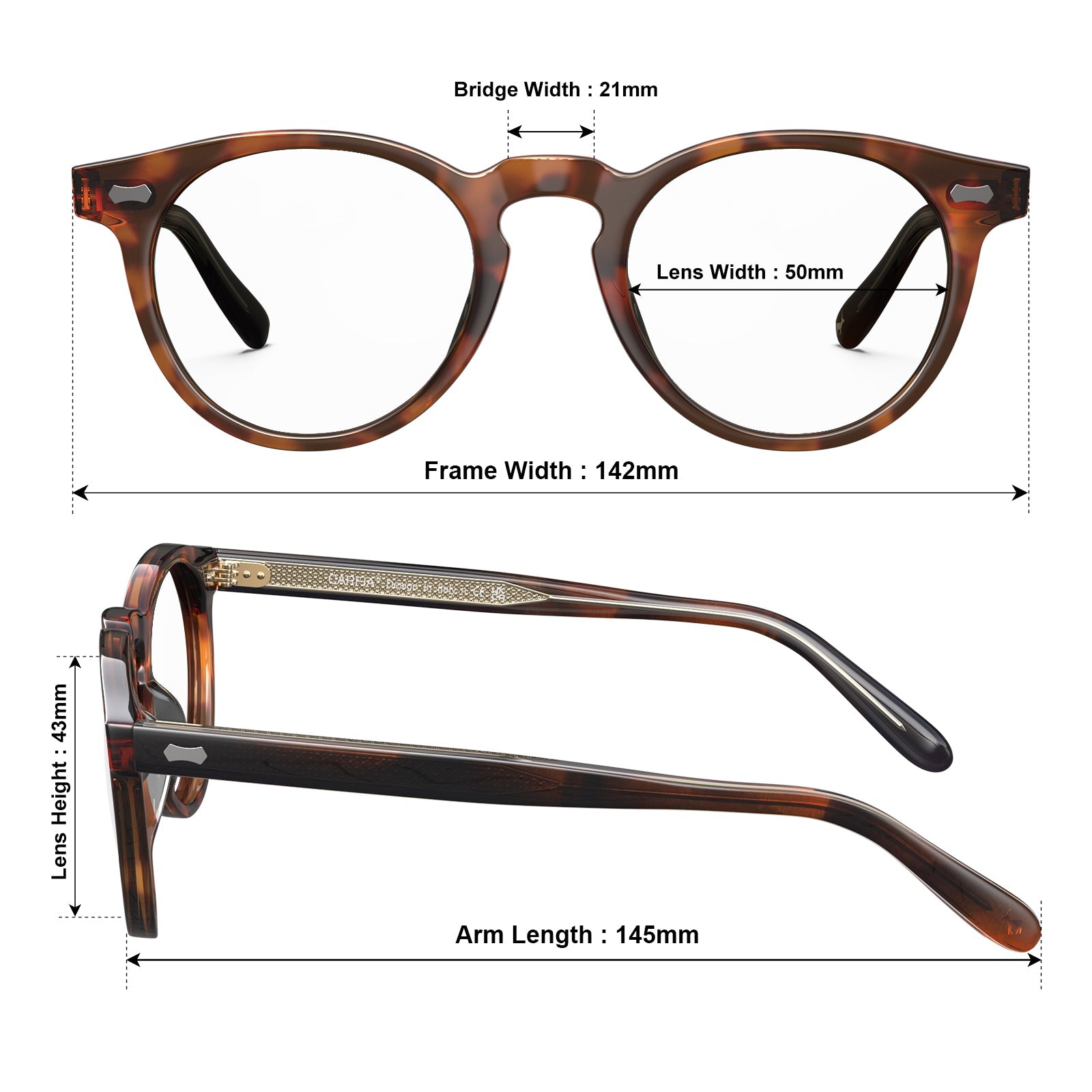 Carfia Dublin CA5506-FC04 Tortoise Acetate Round Prescription Glasses Eyeglasses for Unisex, Size Chart