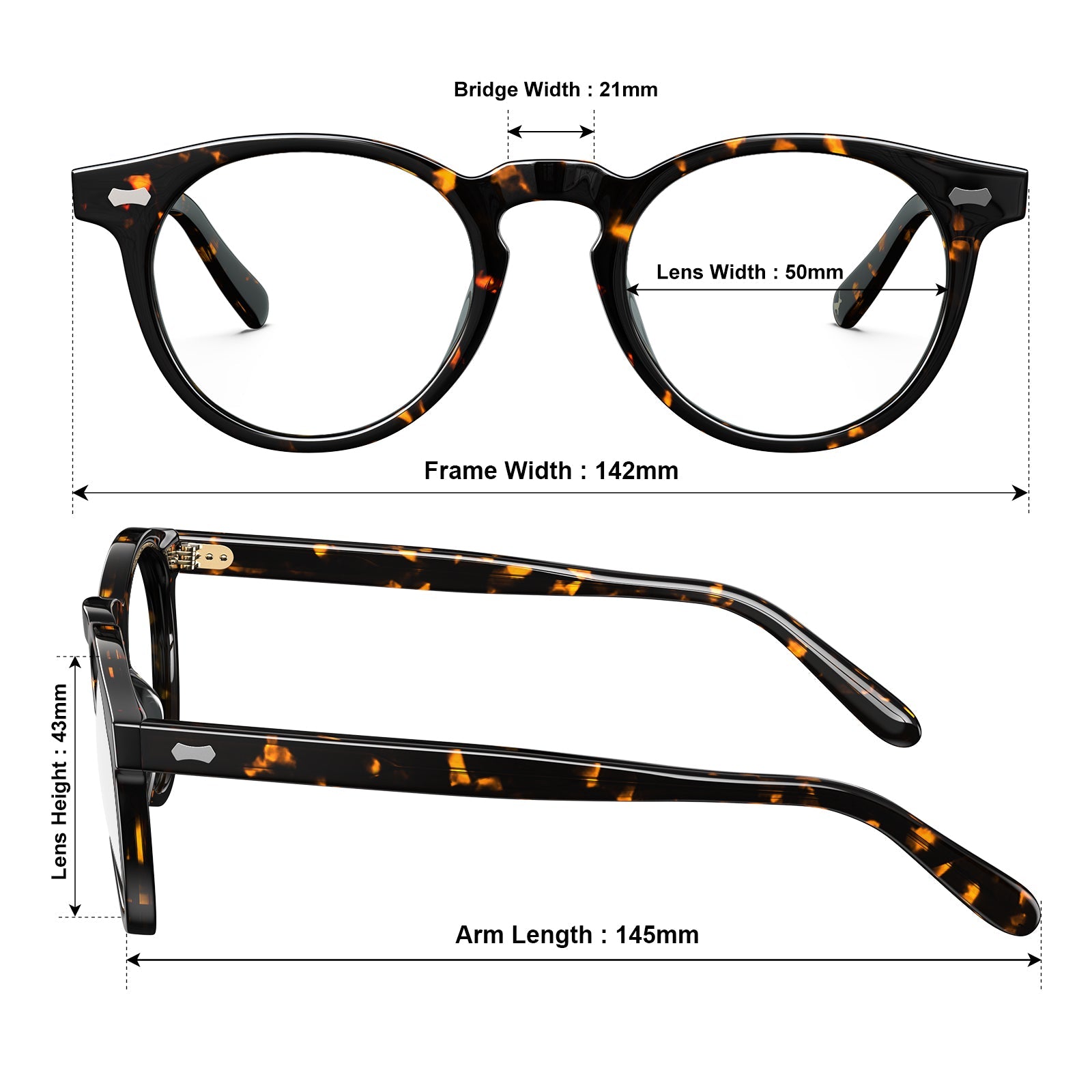 Carfia Dublin CA5506-FC14 Tortoise Acetate Round Prescription Glasses Eyeglasses for Unisex, Size Chart