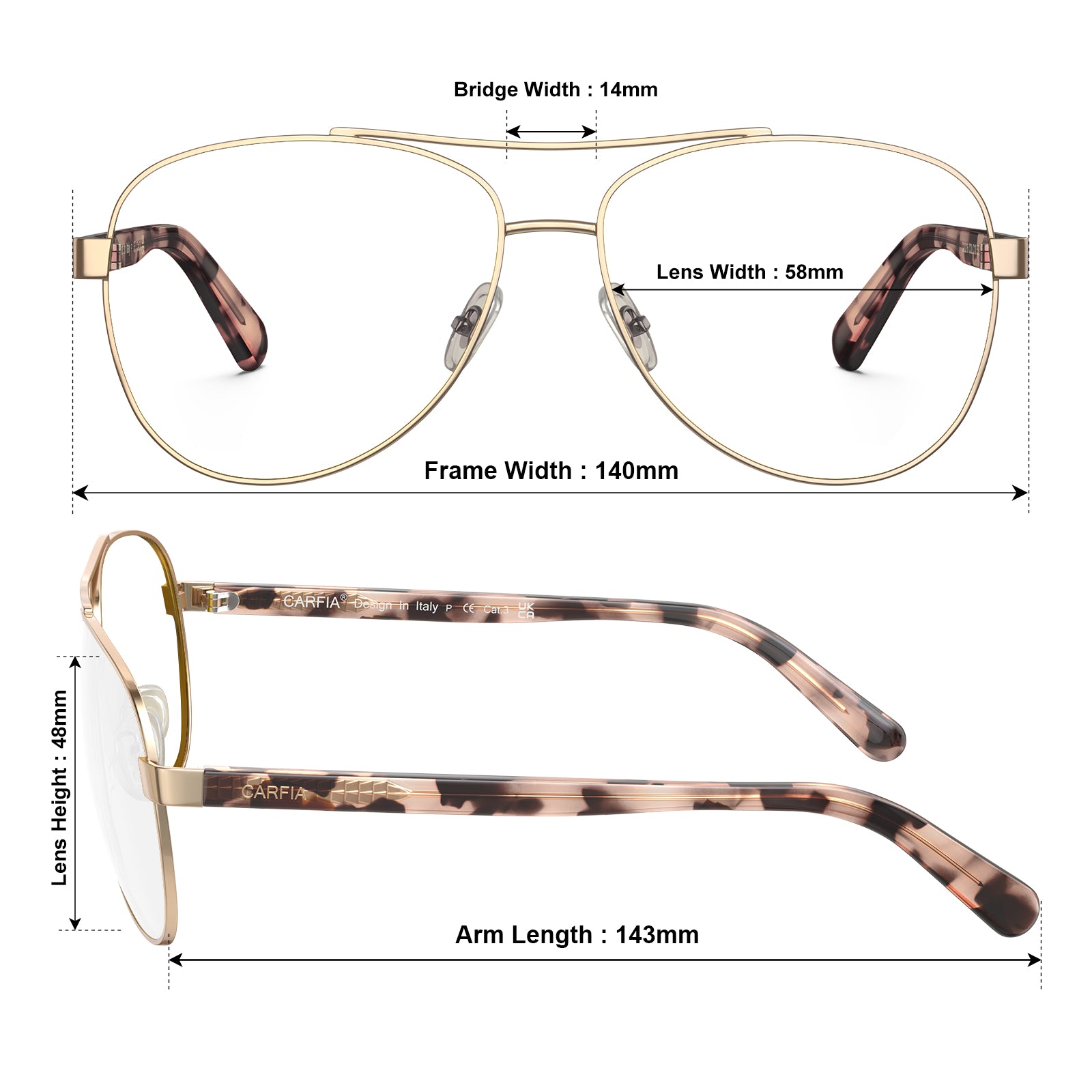carfia-gold-aviator-prescription-eyeglasses-tortoise-shell-temples-metal-frame-optical-glasses-size