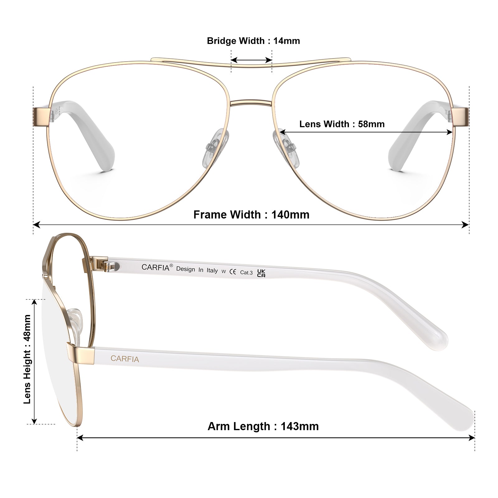 carfia-gold-aviator-prescription-eyeglasses-white-shell-temples-metal-frame-optical-glasses-size
