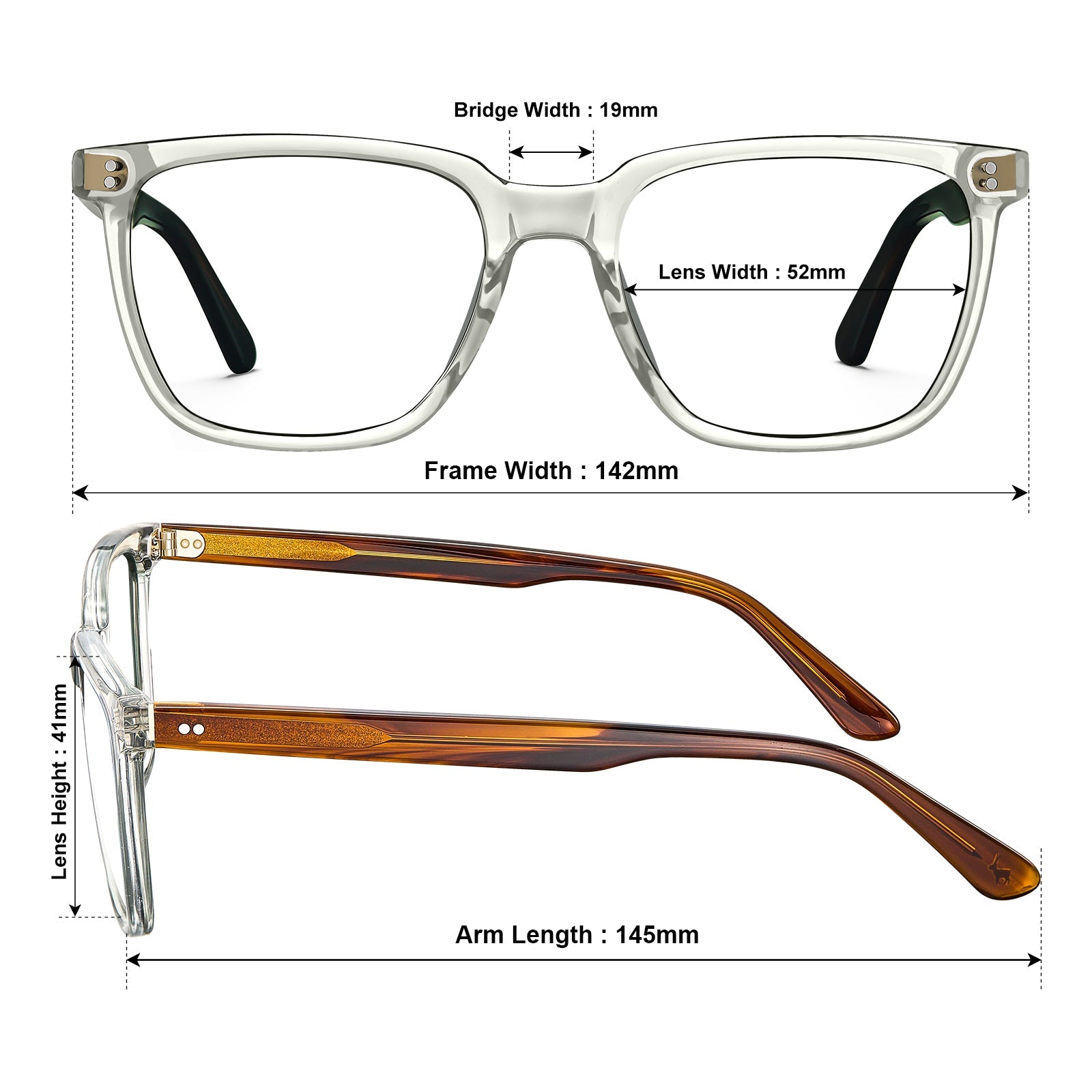 Carfia Kenosha CA5354FL22 Clear Acetate Square Prescription Glasses Eyeglasses for Men, Size-Chart View