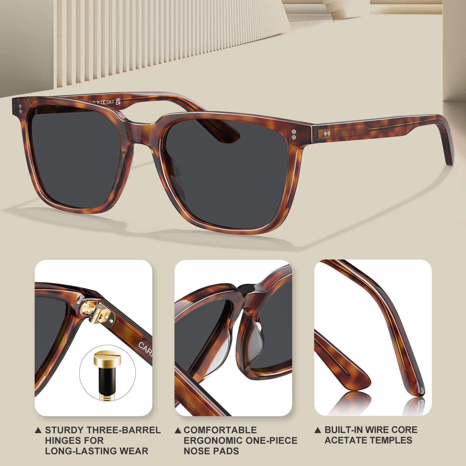 Carfia Kenosha CA5354L26 Tortoise Acetate Square Polarized Sunglasses for Men, Features View