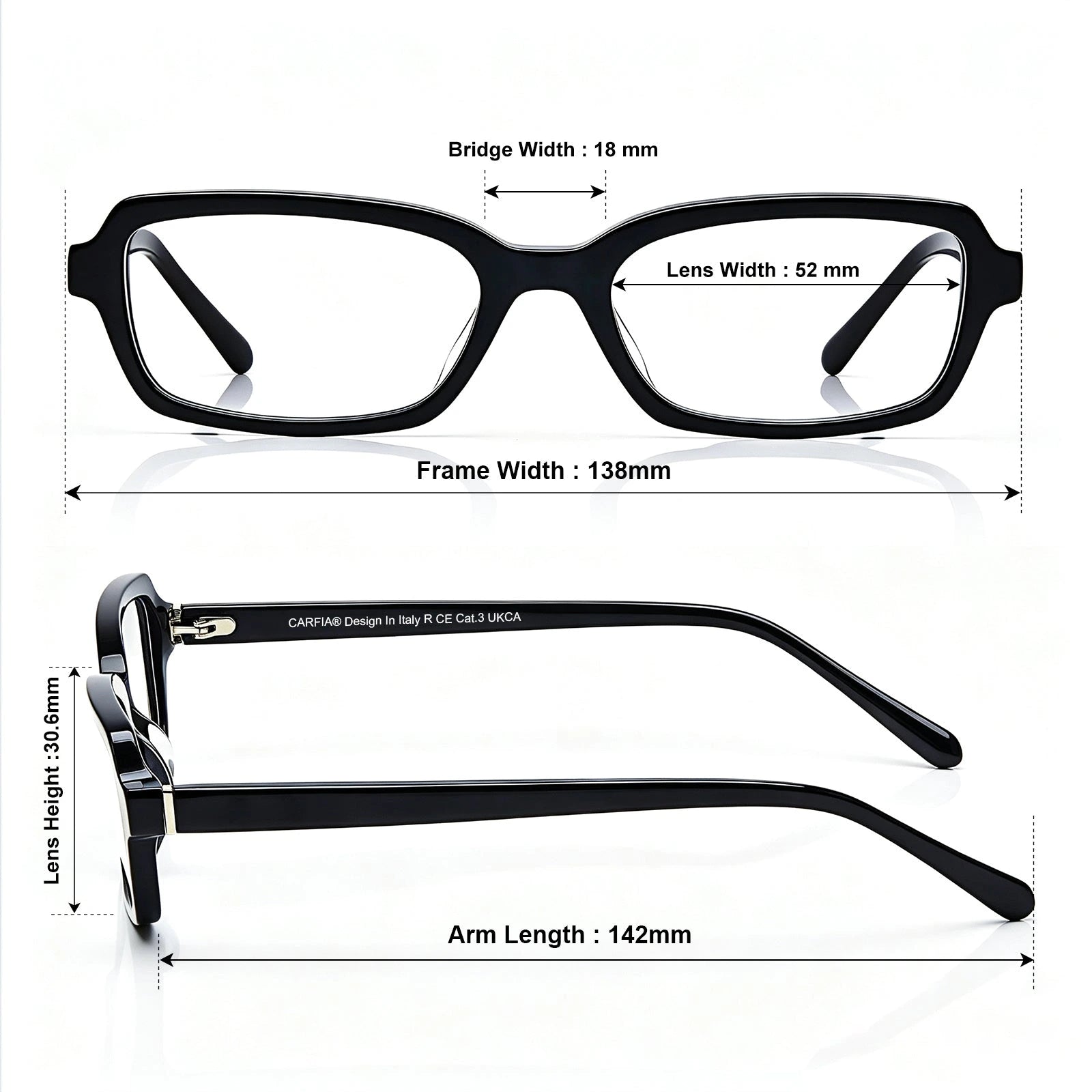Carfia Leoon CA7033-C1 Black Acetate Rectangle Prescription Glasses Eyeglasses for Unisex, Size-Chart View