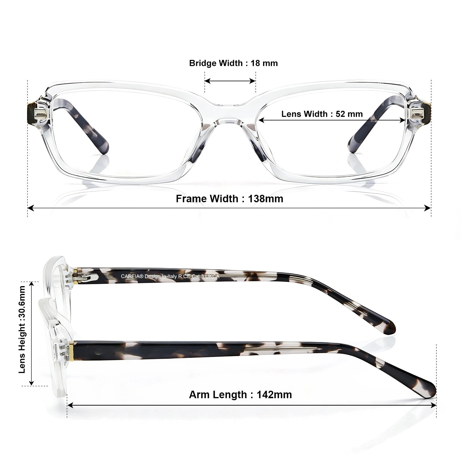 Carfia Leoon CA7033-C4 Transparent Acetate Rectangle Prescription Glasses Eyeglasses for Unisex, Size-Chart View