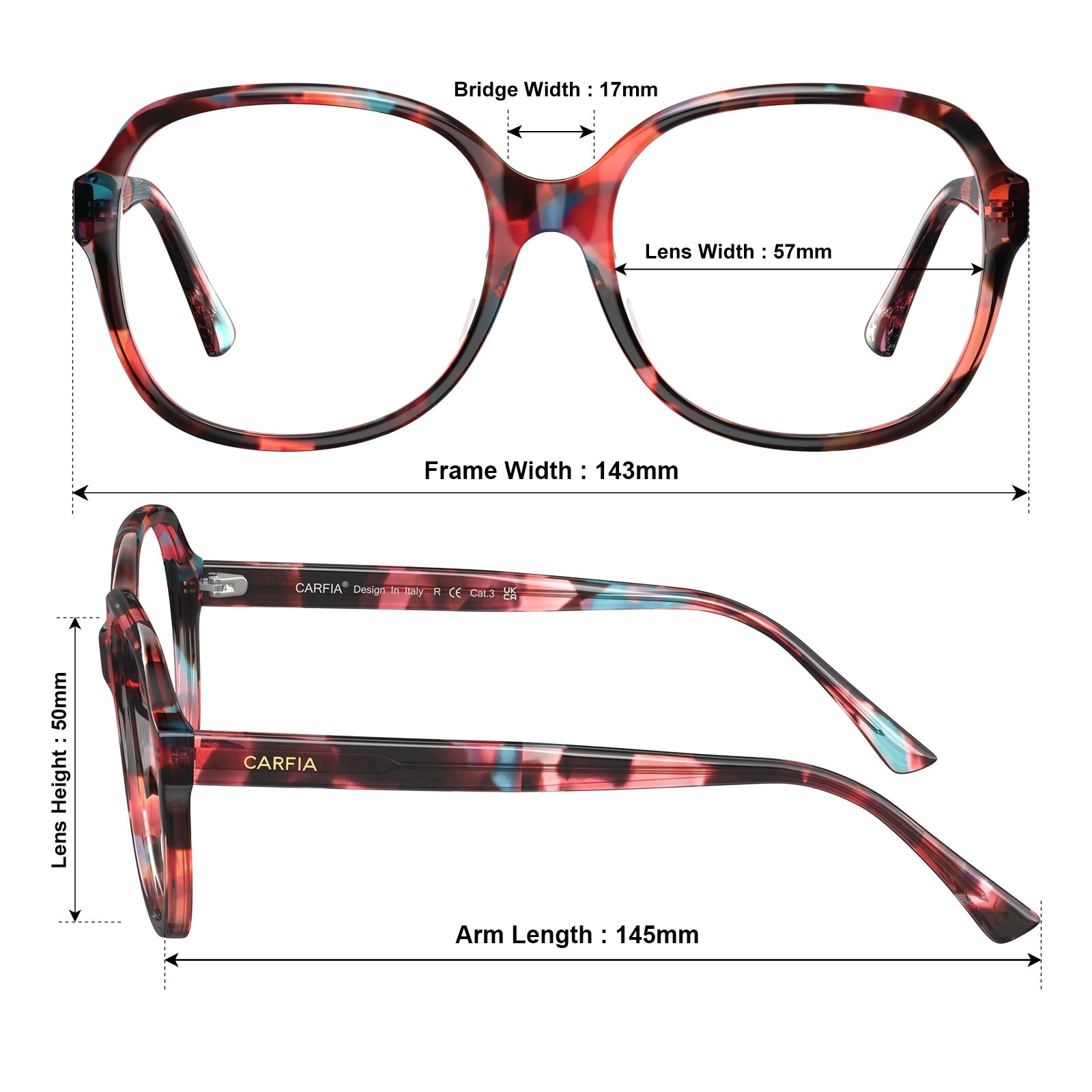 Carfia Matthew CA2024-C07 Tortoise Acetate Square Prescription Glasses Eyeglasses for Women, Size Chart