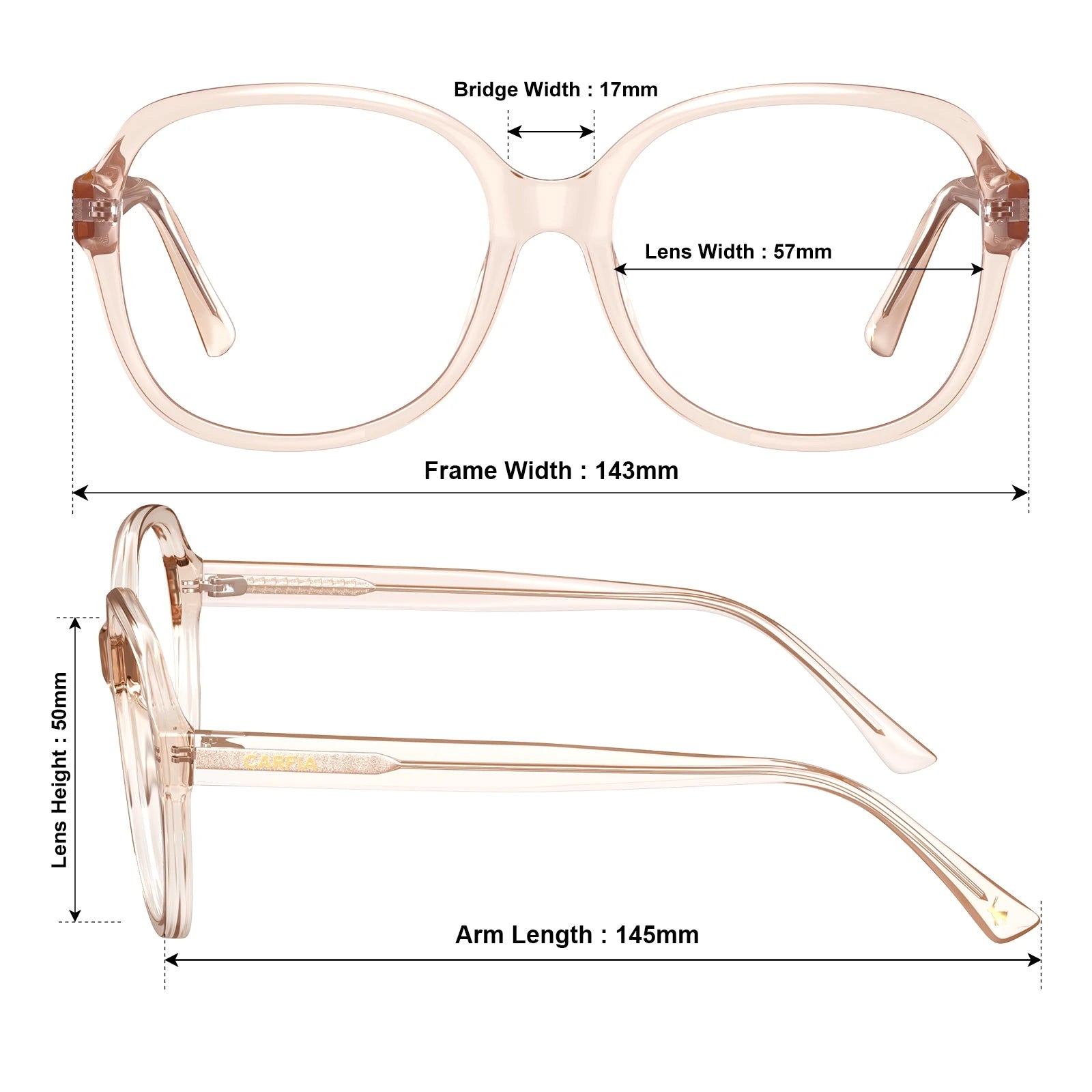 Carfia Matthew CA2024-C09 Pink Acetate Square Prescription Glasses Eyeglasses for Women, Size Chart