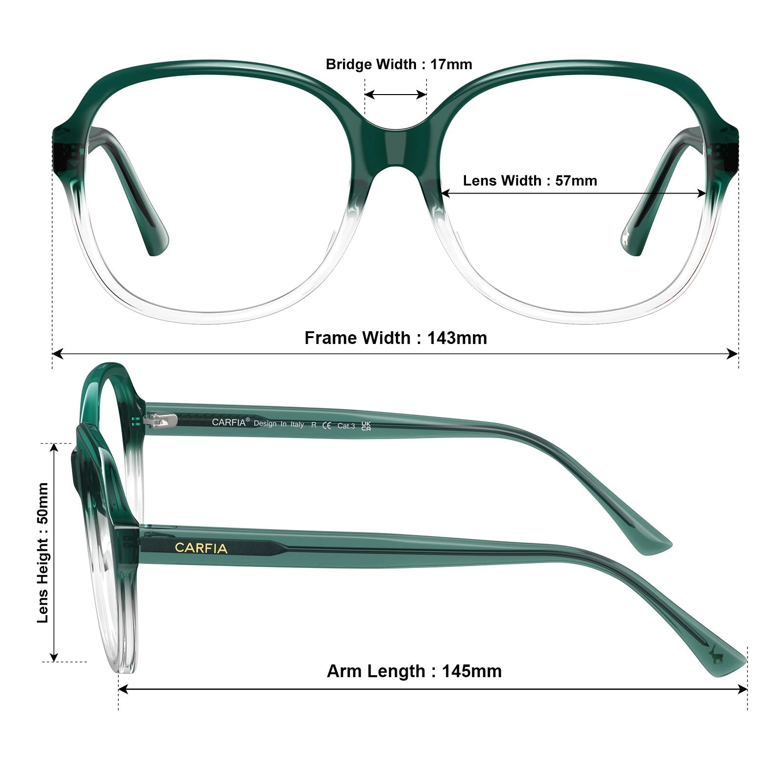Carfia Matthew CA2024-C13 Green Acetate Square Prescription Glasses Eyeglasses for Women, Size Chart