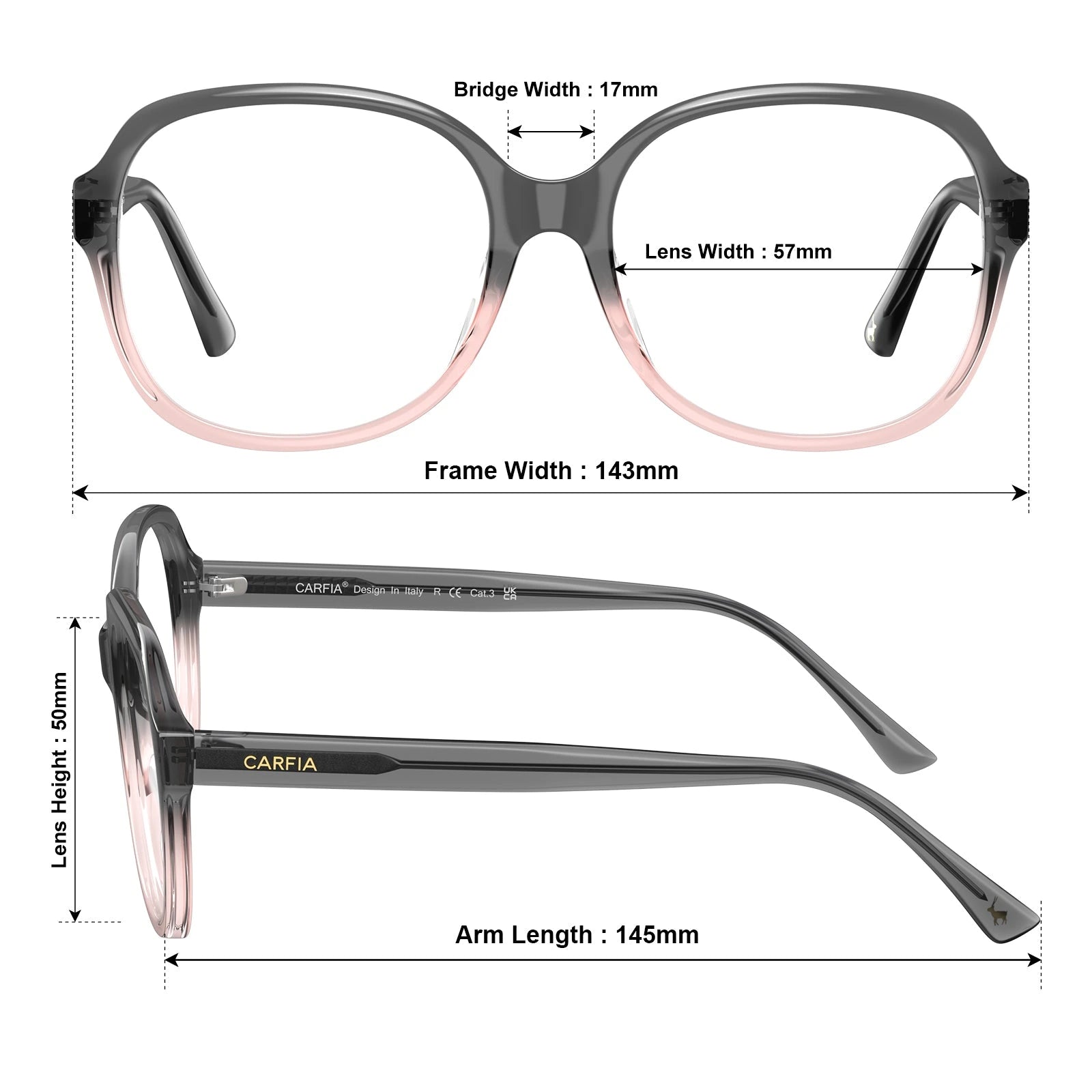 Carfia Matthew CA2024-C15 Multicolor Acetate Square Prescription Glasses Eyeglasses for Women, Size Chart