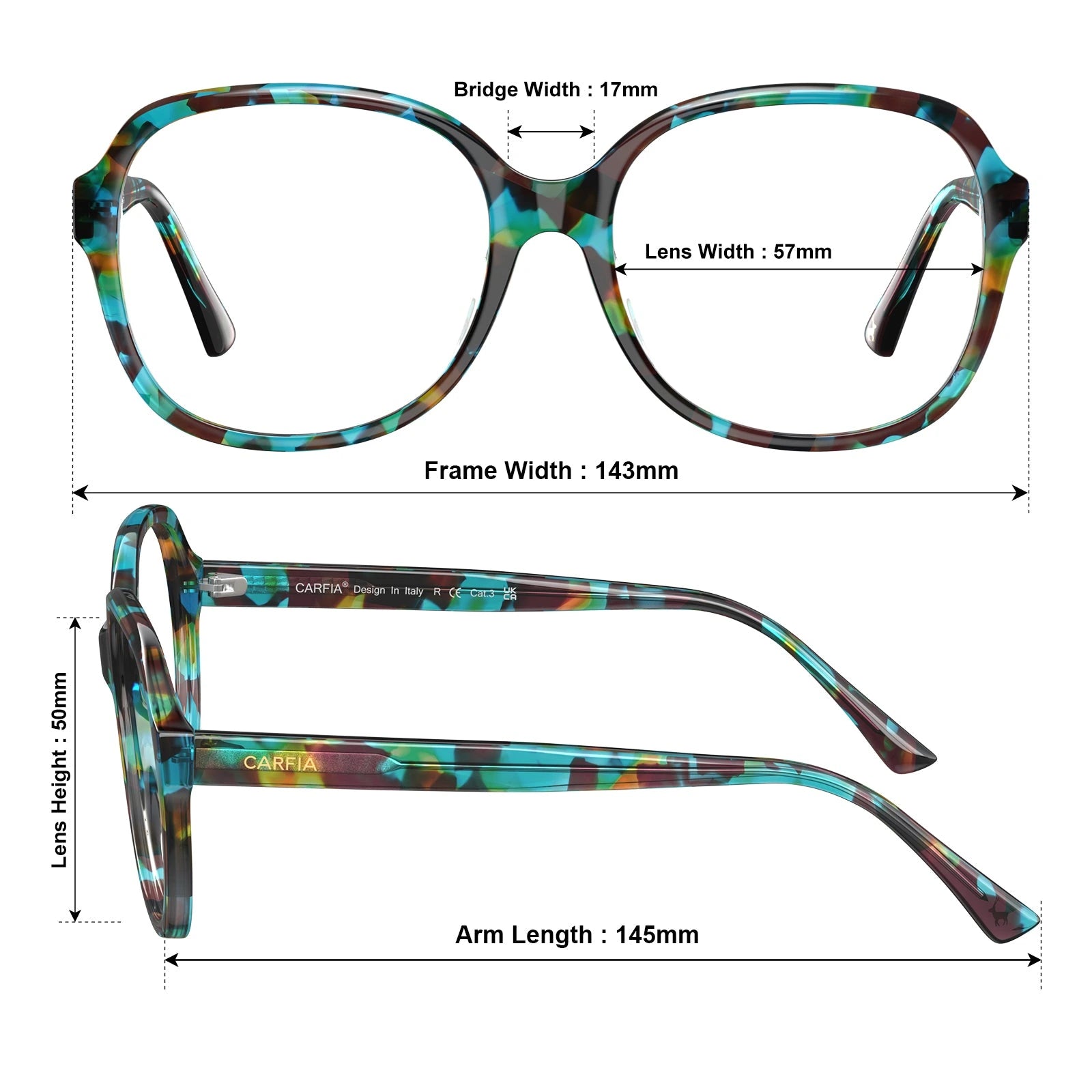 Carfia Matthew CA2024FC02 Tortoise Acetate Square Prescription Glasses Eyeglasses for Women, Measurements View
