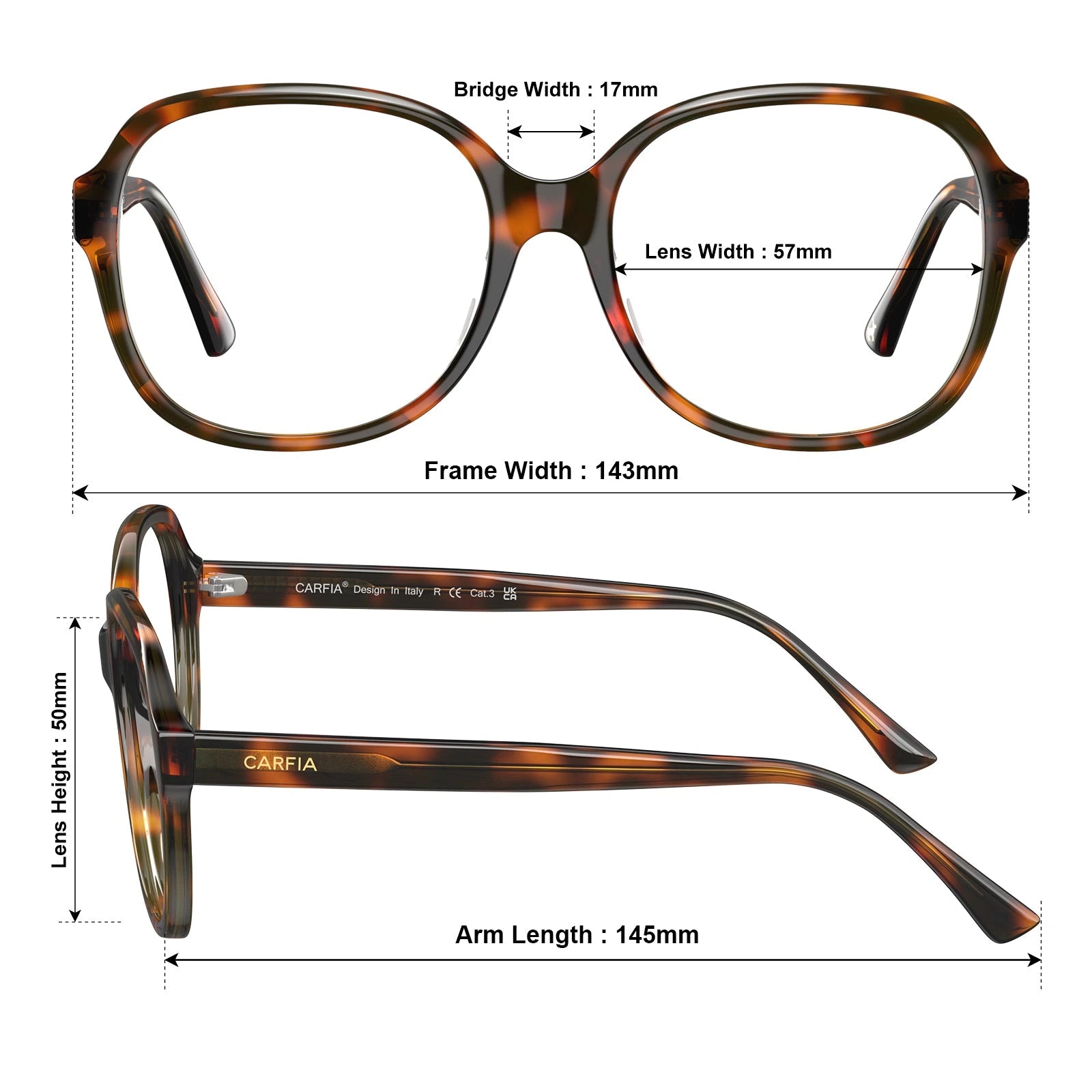 Carfia Matthew CA2024-FC05 Tortoise Acetate Square Prescription Glasses Eyeglasses for Women, Size Chart