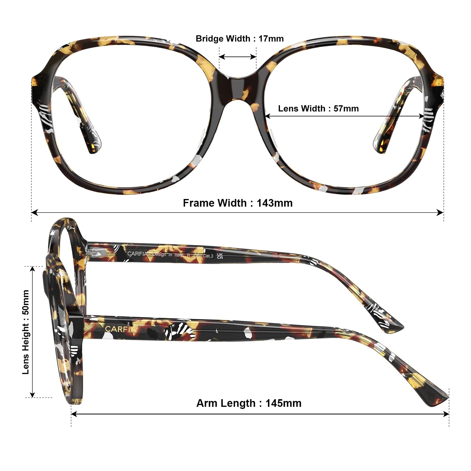 Carfia Matthew CA2024-FC08 Tortoise Acetate Square Prescription Glasses Eyeglasses for Women, Size Chart