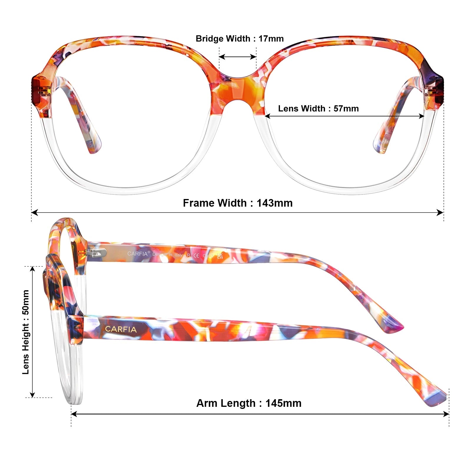 Carfia Matthew CA2024-FC19 Tortoise Acetate Cat-Eye Prescription Glasses Eyeglasses for Women, Size Chart