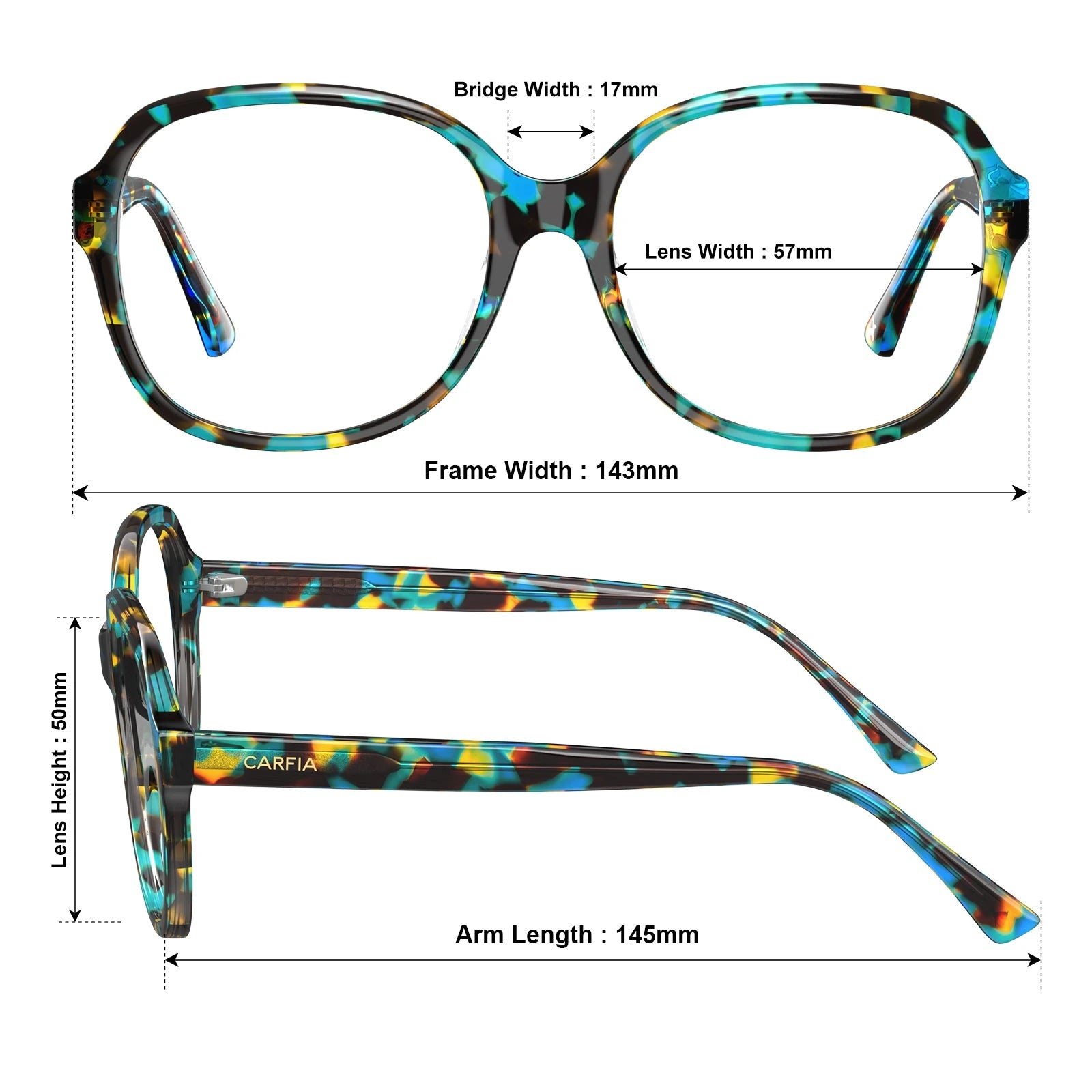 Carfia Matthew CA2024-R02 Tortoise Acetate Square Prescription Glasses Eyeglasses for Women, Size Chart