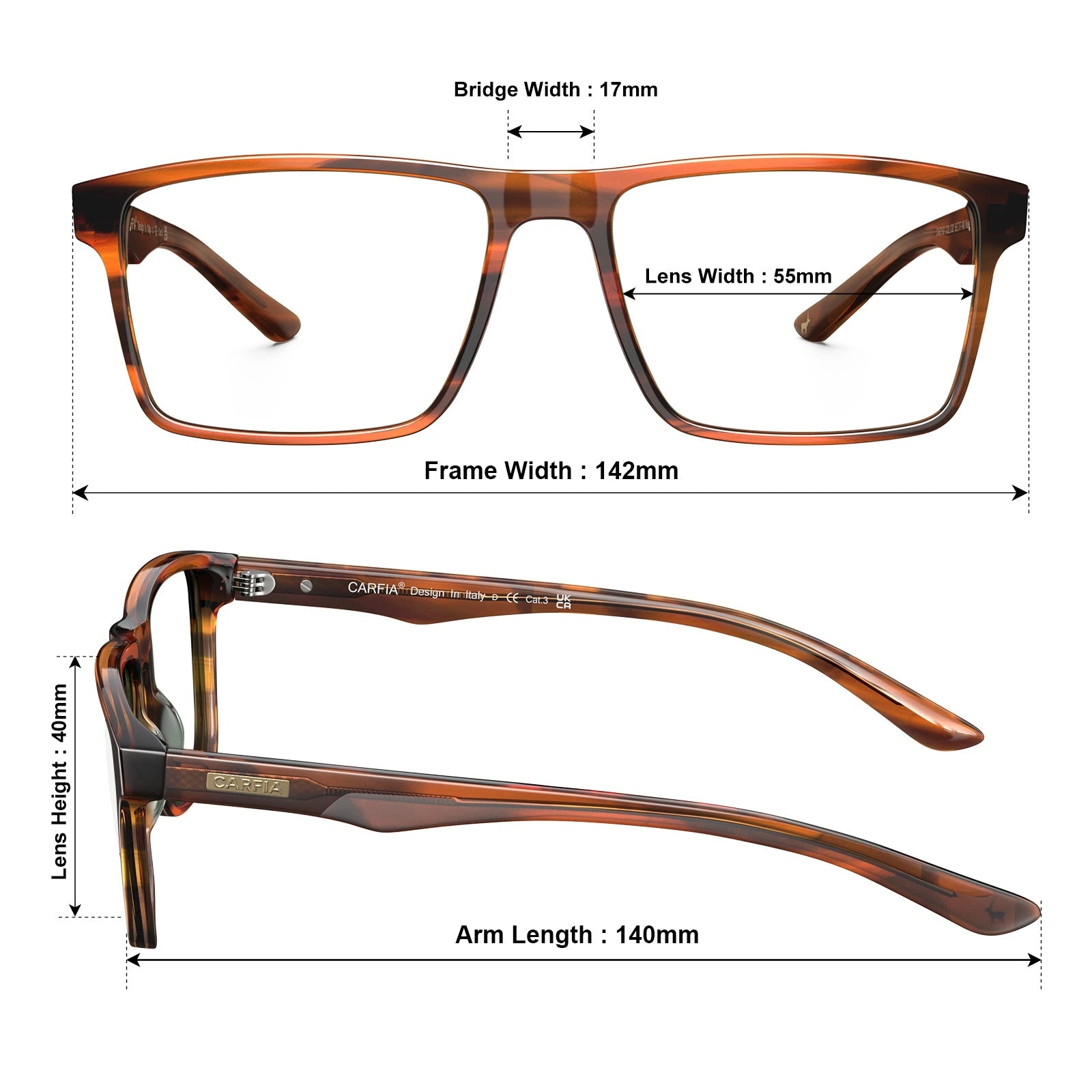 Carfia Matthew CA62162-FC02 Brown Acetate Rectangular Prescription Glasses Eyeglasses for Women, Size Chart