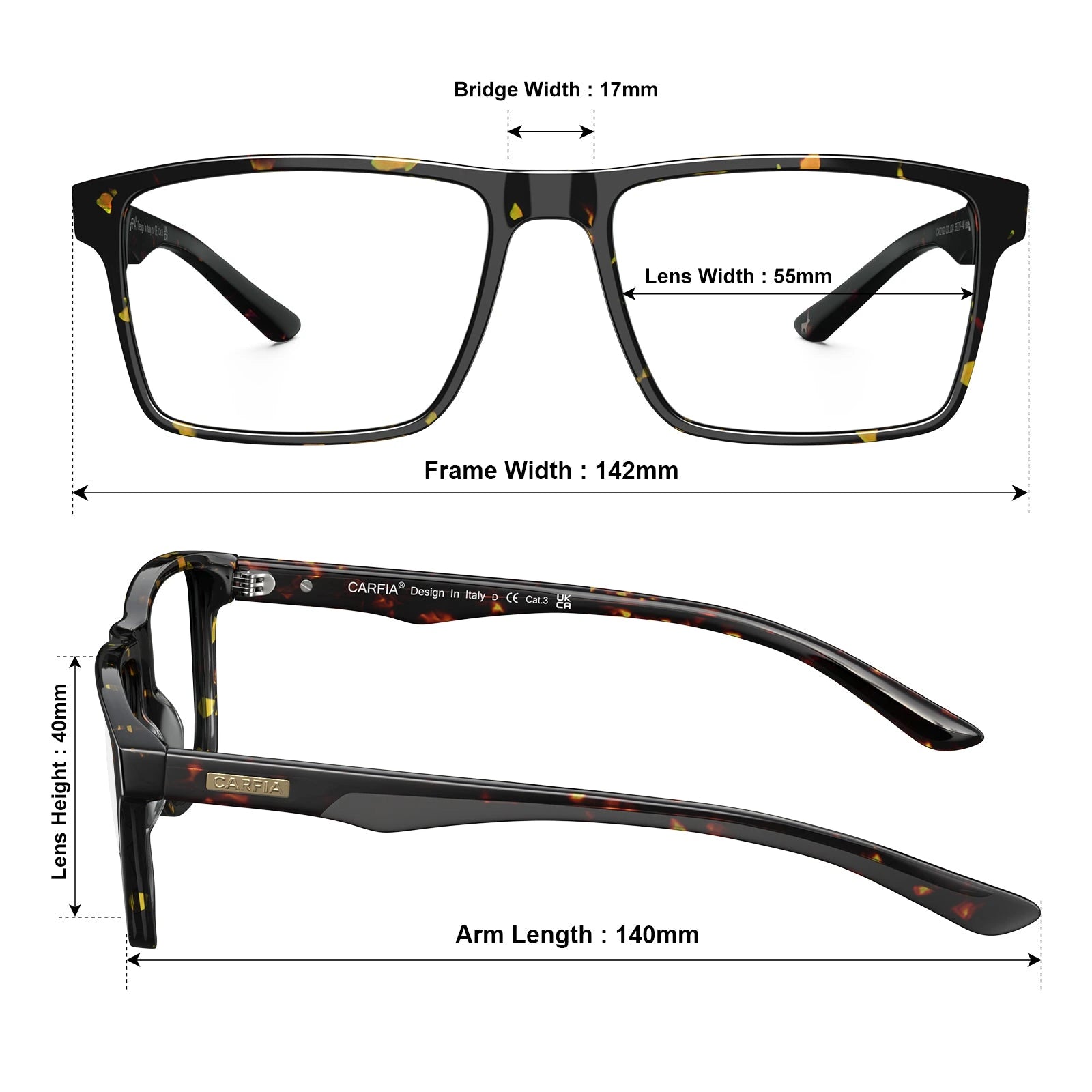 Carfia Matthew CA62162-FC04 Tortoise Acetate Rectangular Prescription Glasses Eyeglasses for Women, Size Chart