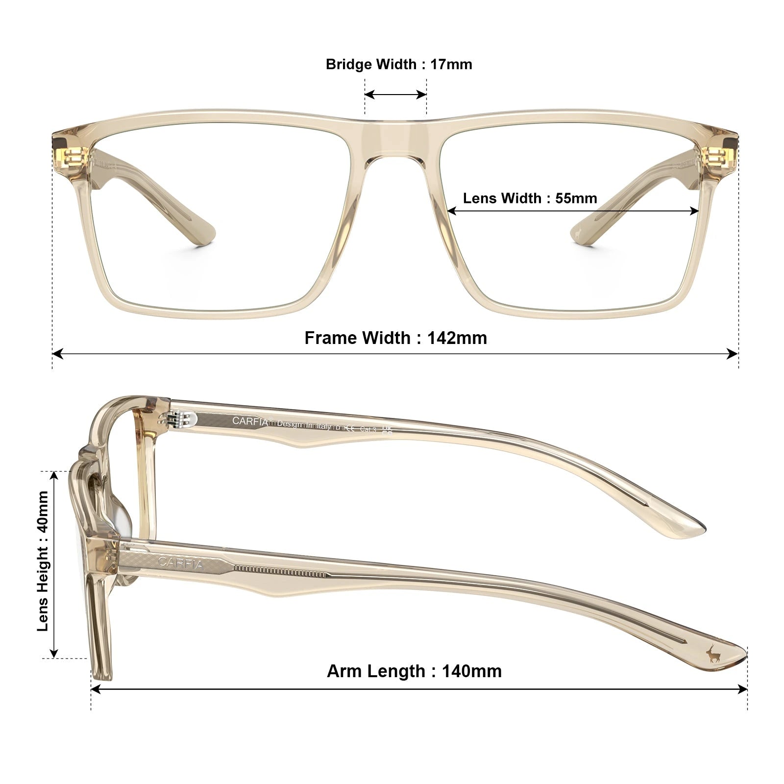 Carfia Matthew CA62162-FC05 Blue Acetate Rectangular Prescription Glasses Eyeglasses for Women, Size Chart