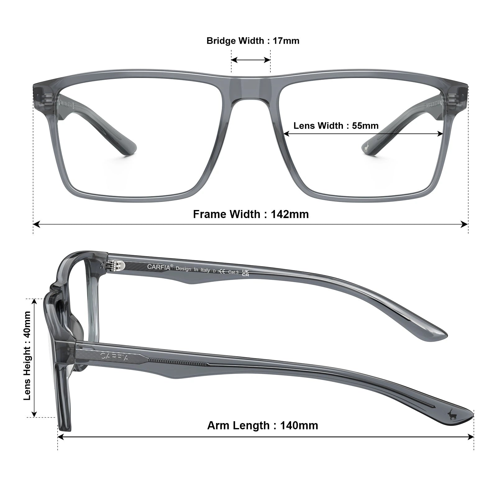 Carfia Matthew CA62162-FC06 Grey Acetate Rectangular Prescription Glasses Eyeglasses for Women, Size Chart