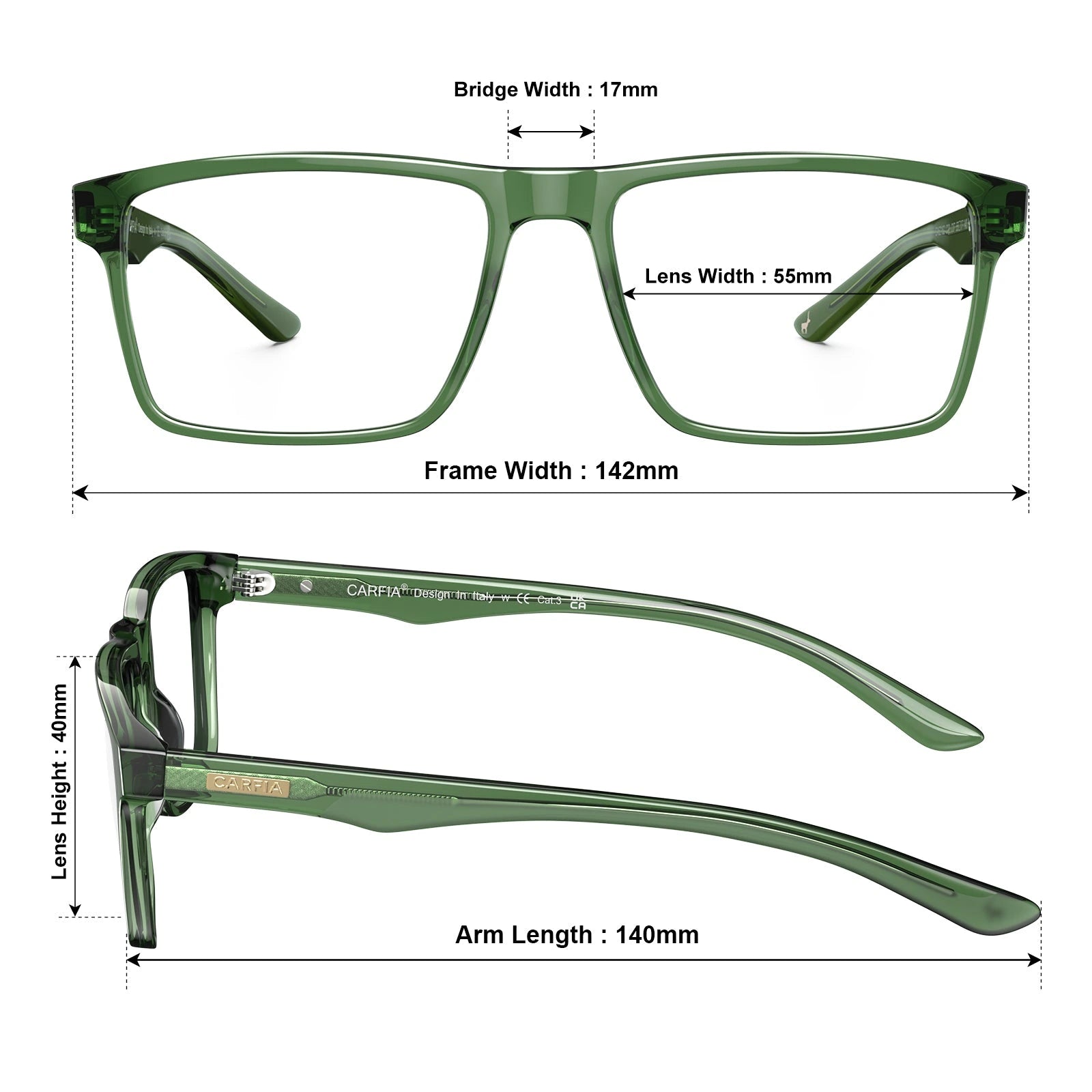 Carfia Matthew CA62162-FC07 Green Acetate Rectangular Prescription Glasses Eyeglasses for Women, Size Chart
