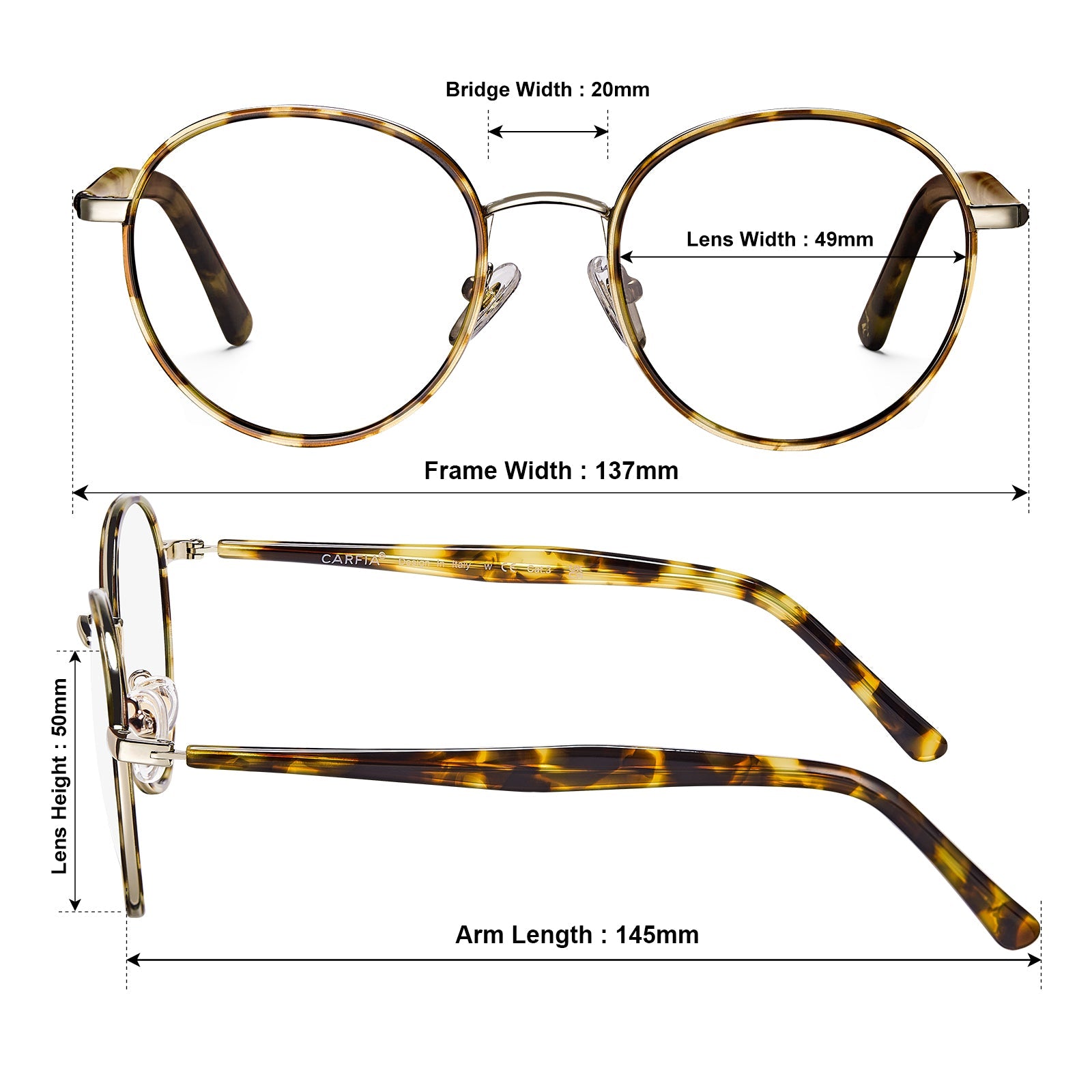 Carfia Monterey Tortoise Metal Round Prescription Glasses Eyeglasses for Unisex, Size Chart