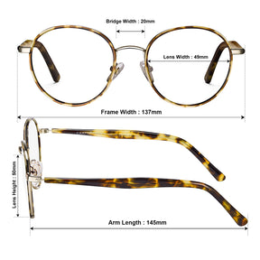 Carfia Monterey Tortoise Metal Round Prescription Glasses Eyeglasses for Unisex, Size Chart
