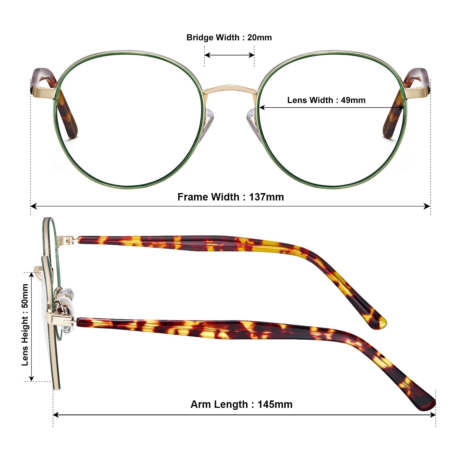 Carfia Monterey Green Metal Round Prescription Glasses Eyeglasses for Unisex, Size Chart