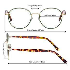 Carfia Monterey Green Metal Round Prescription Glasses Eyeglasses for Unisex, Size Chart
