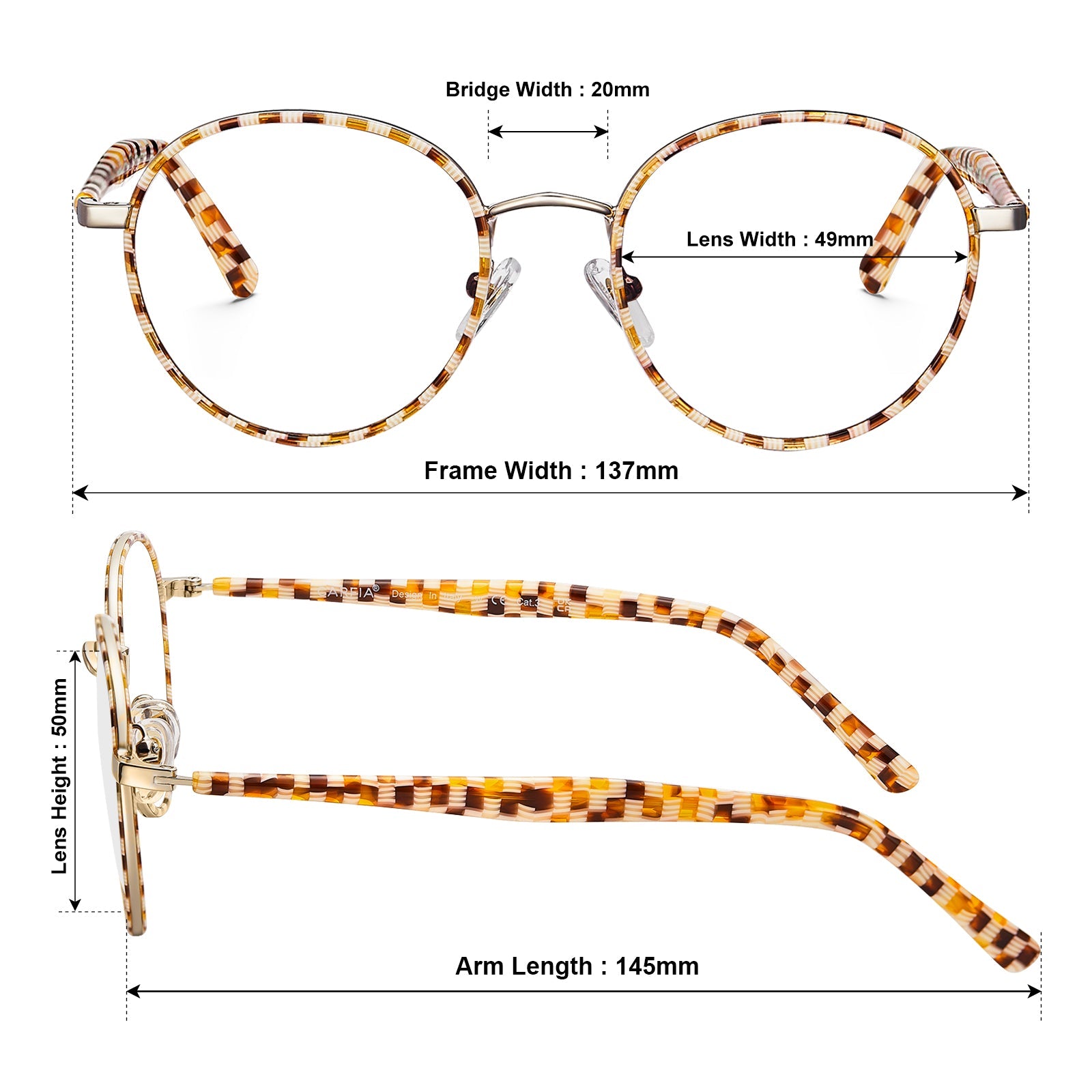 Carfia Monterey Amber Metal Round Prescription Glasses Eyeglasses for Unisex, Size Chart