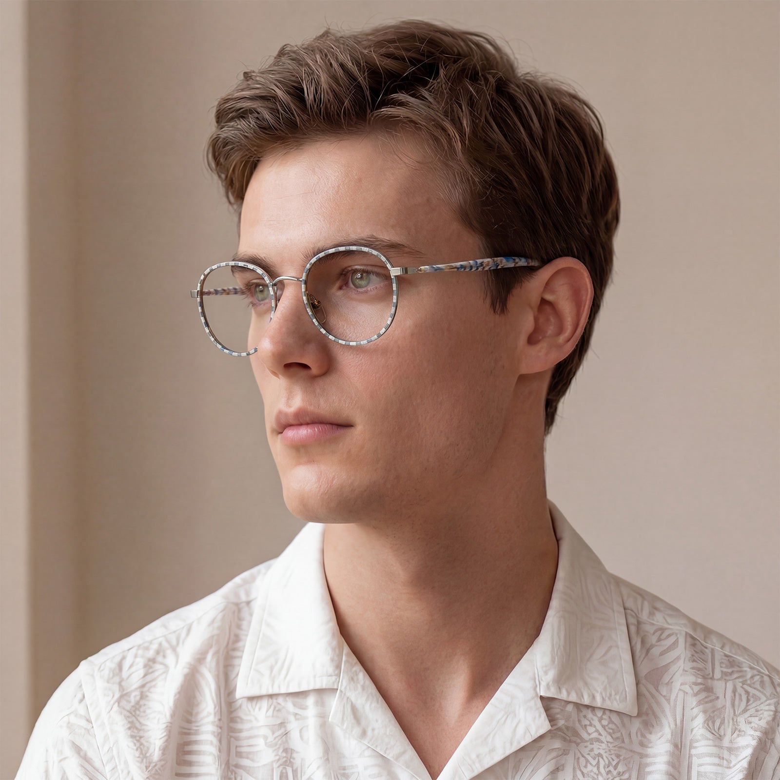 Carfia Monterey Beige-Blue Metal Round Prescription Glasses Eyeglasses for Unisex, Lifestyle View