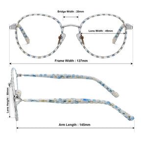 Carfia Monterey Beige-Blue Metal Round Prescription Glasses Eyeglasses for Unisex, Size Chart